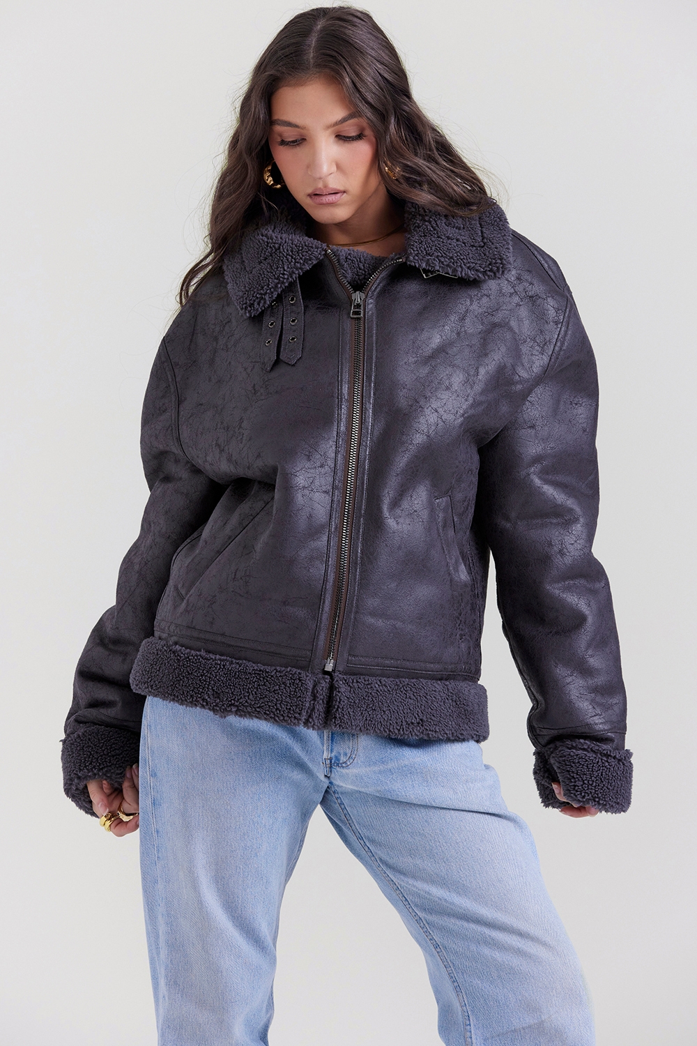 Madden-Grey Vegan Shearling Aviator Jacket