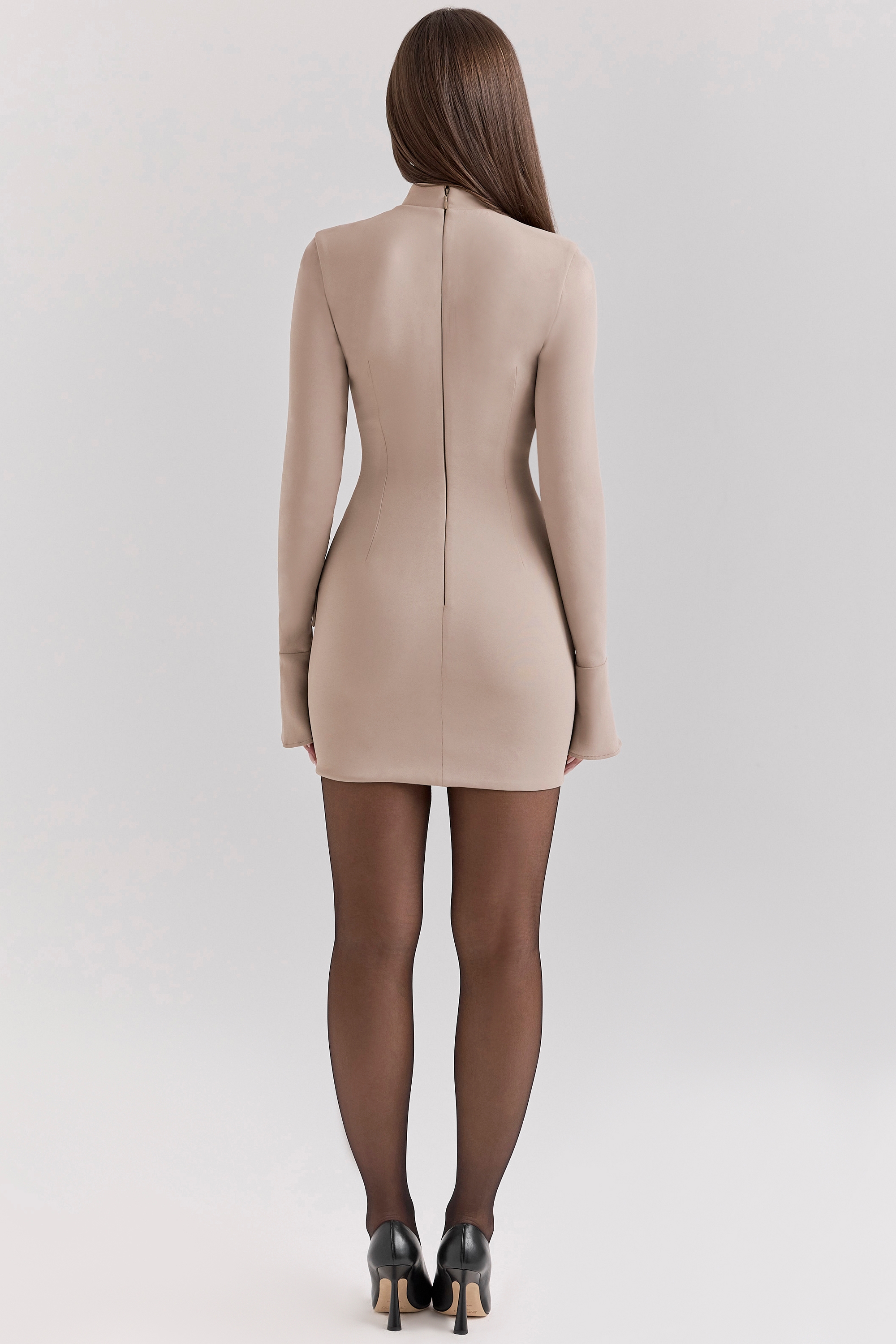 Mahalia-Taupe Long Sleeve Mini Dress