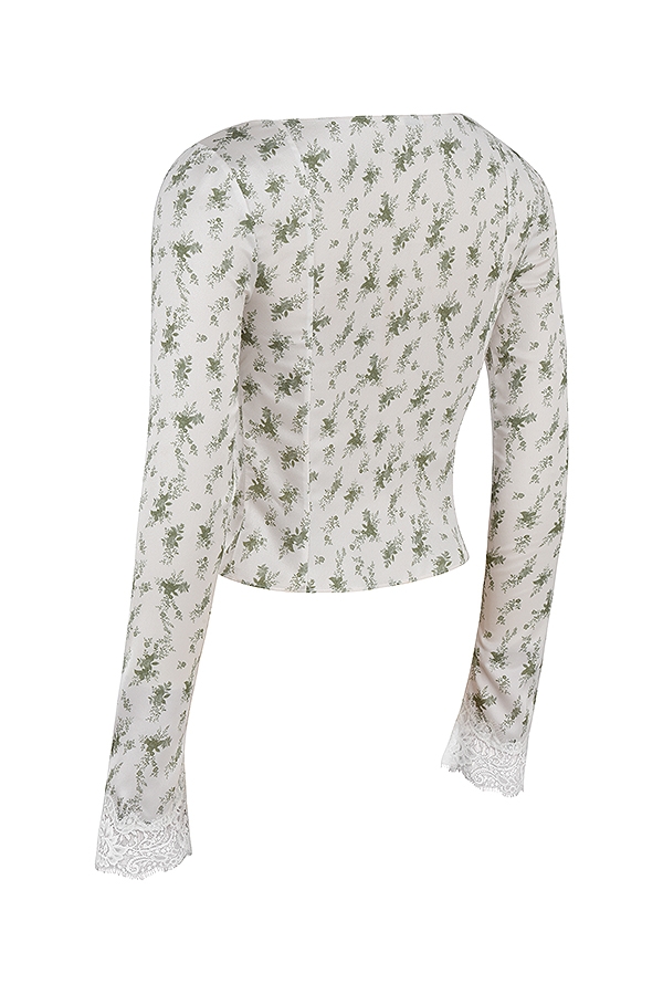 Clarissa-Garden Print Lace Trim Top