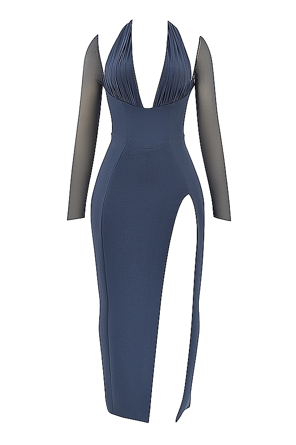 Evangelina-Slate Plunge Maxi Dress