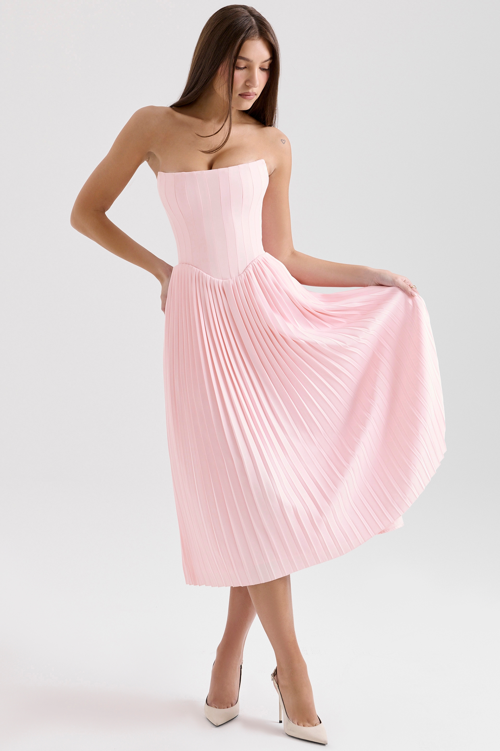 Marci-Pink Pleated Midi Corset Dress
