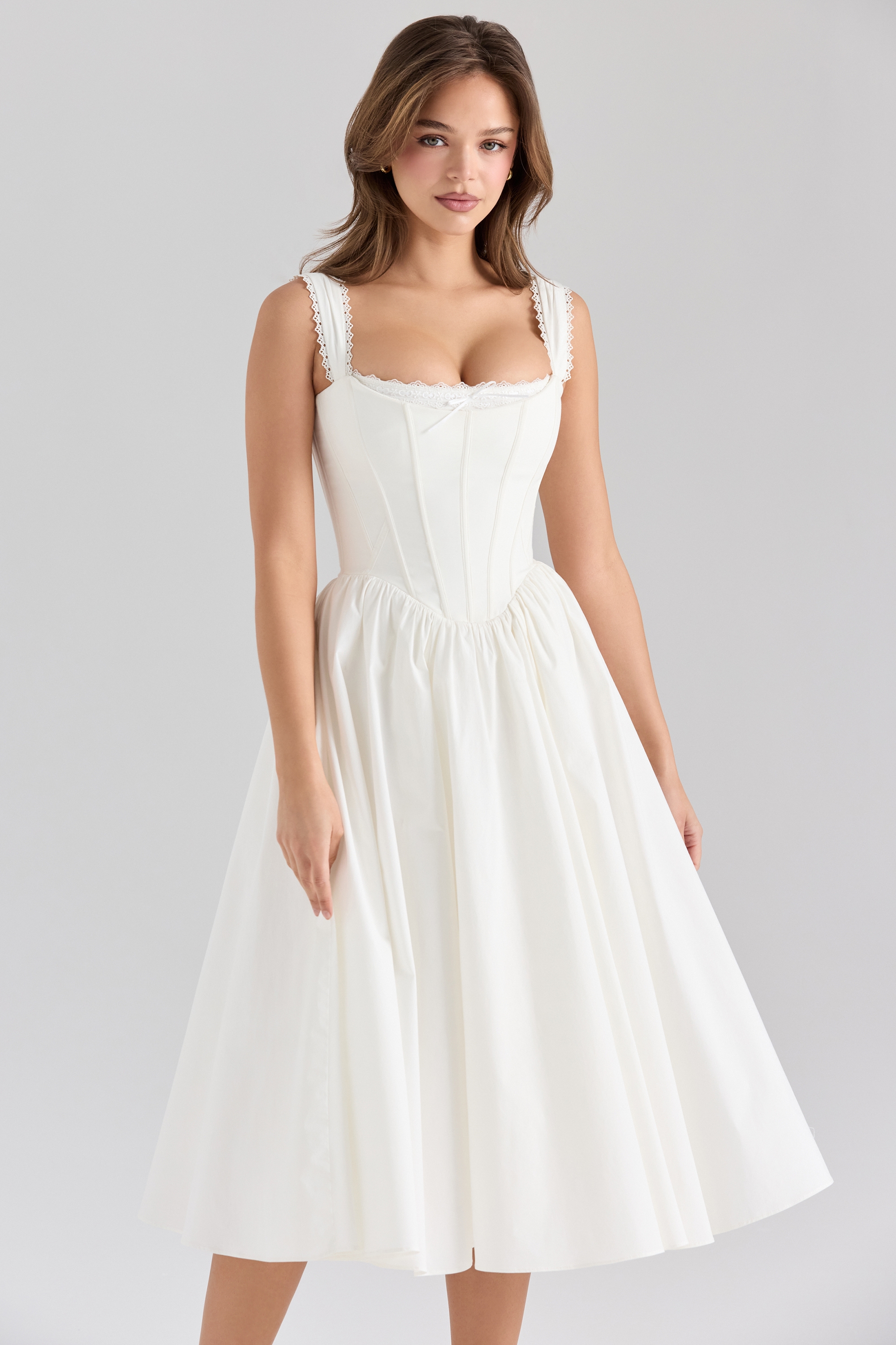Amara-White Stretch Cotton Corset Midi Dress