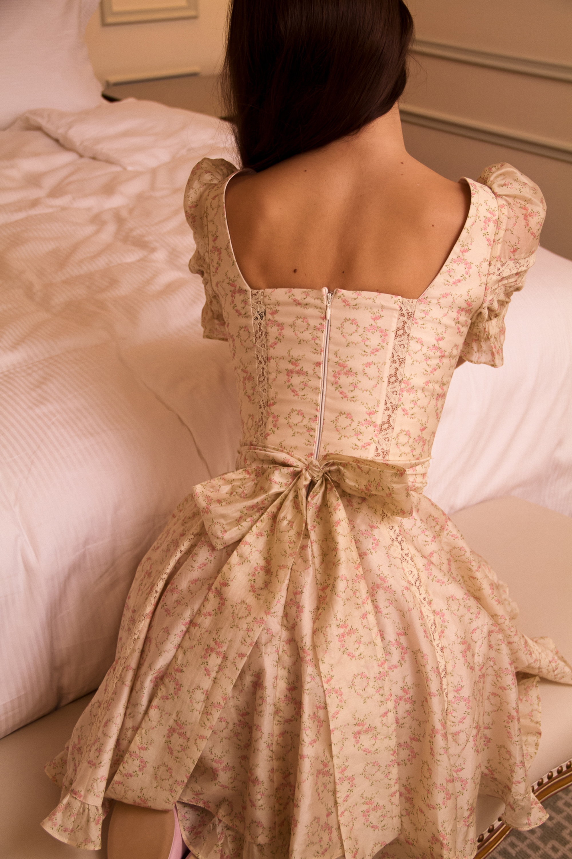 Melita-Cream Floral Print Chiffon Puff Sleeve Mini Dress