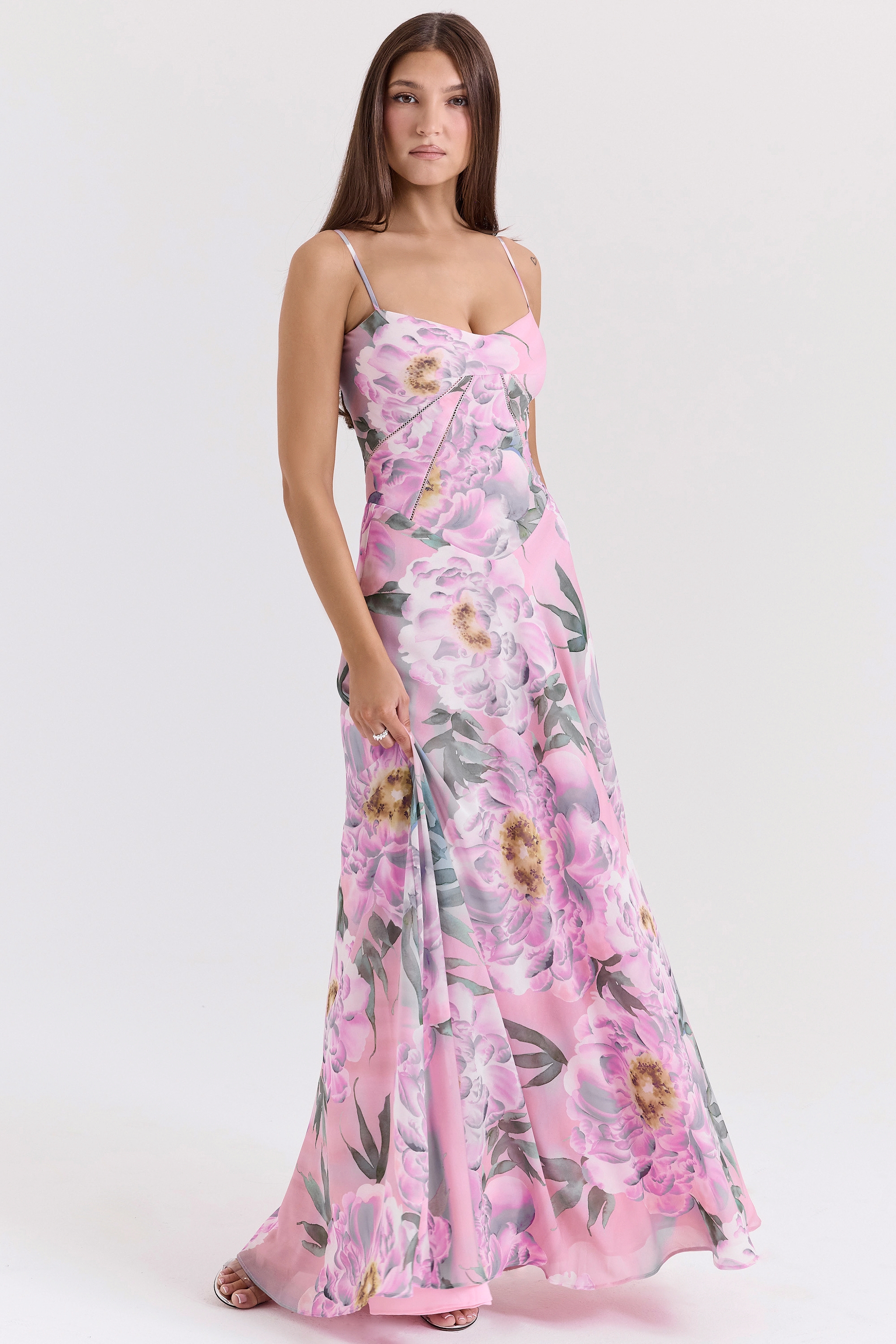 Seren-Pink Floral Print Lace Back Maxi Dress