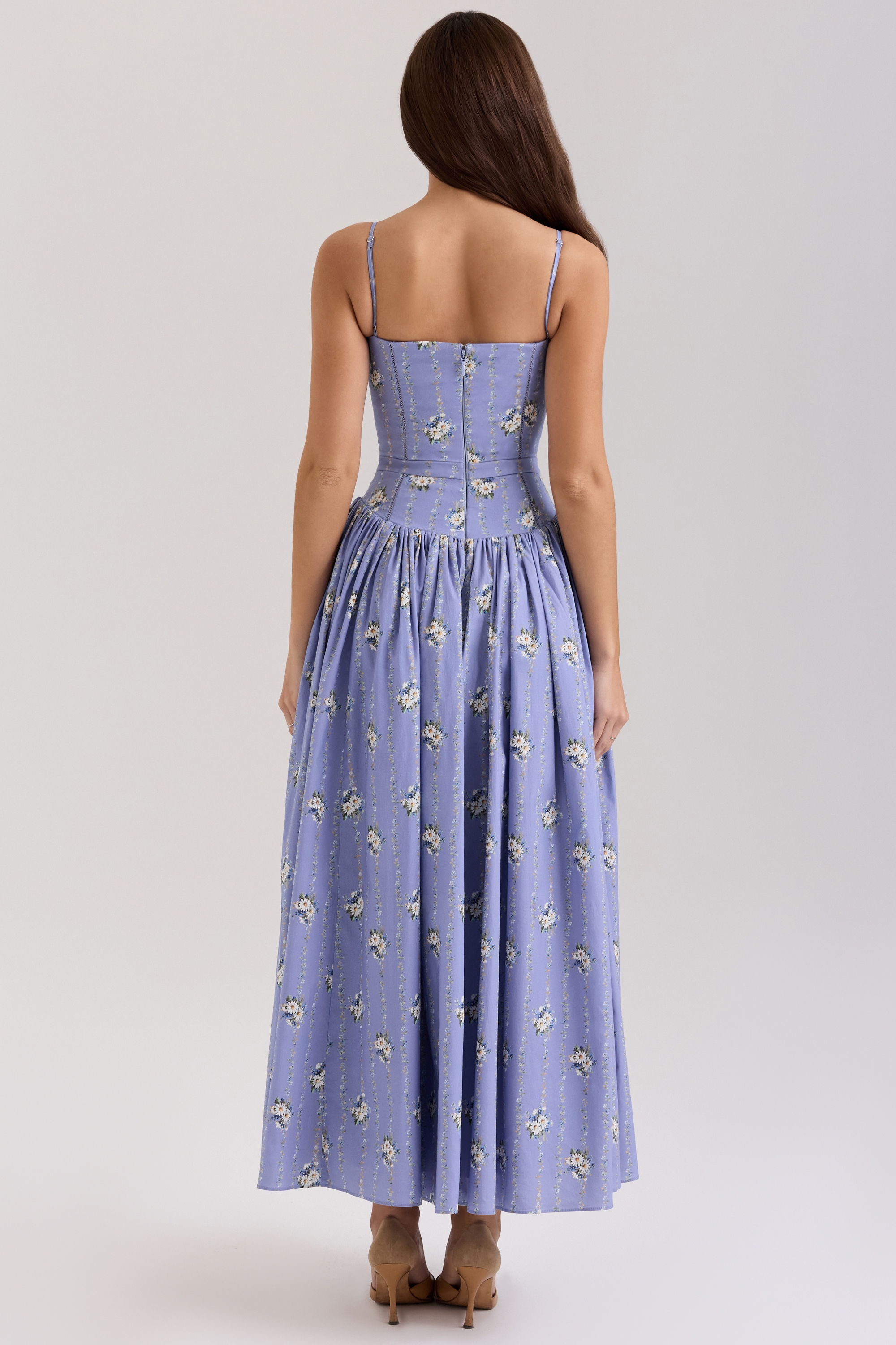 Ysabella-Blue Daisy Print Stretch Cotton Midi Sundress