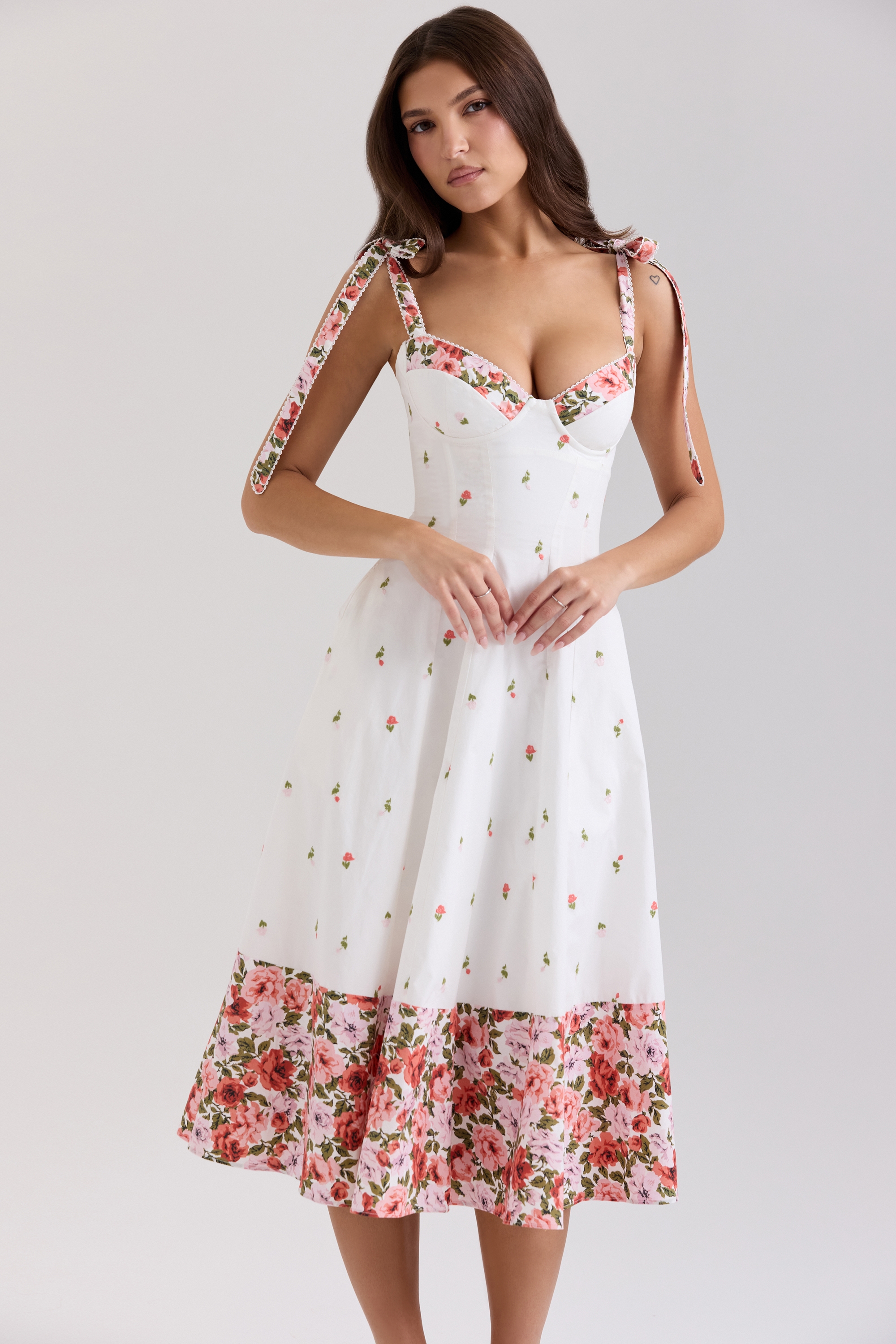 Emely-White Floral Print Stretch Cotton Midi Sundress