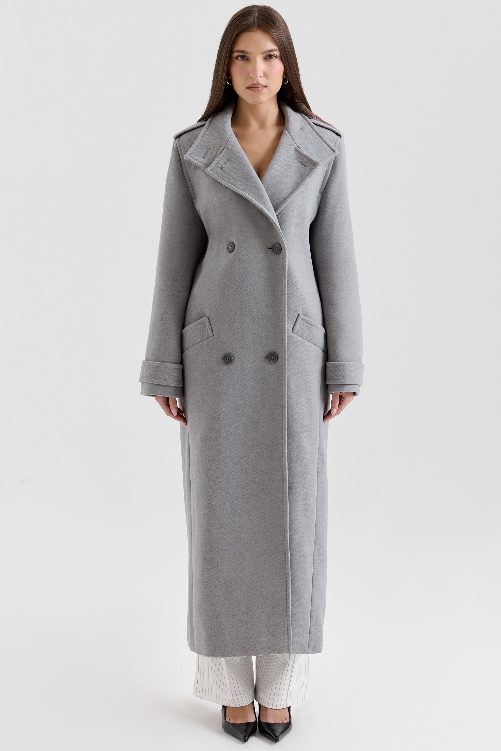 Sander-Grey Double Breasted Funnel Neck Coat