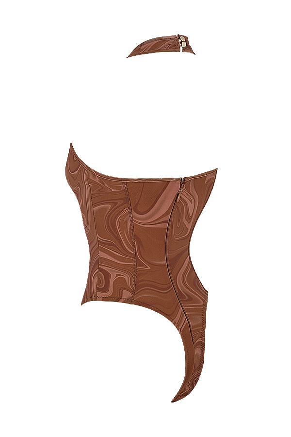 Sabine-Cocoa Swirl Print Halter Bodysuit