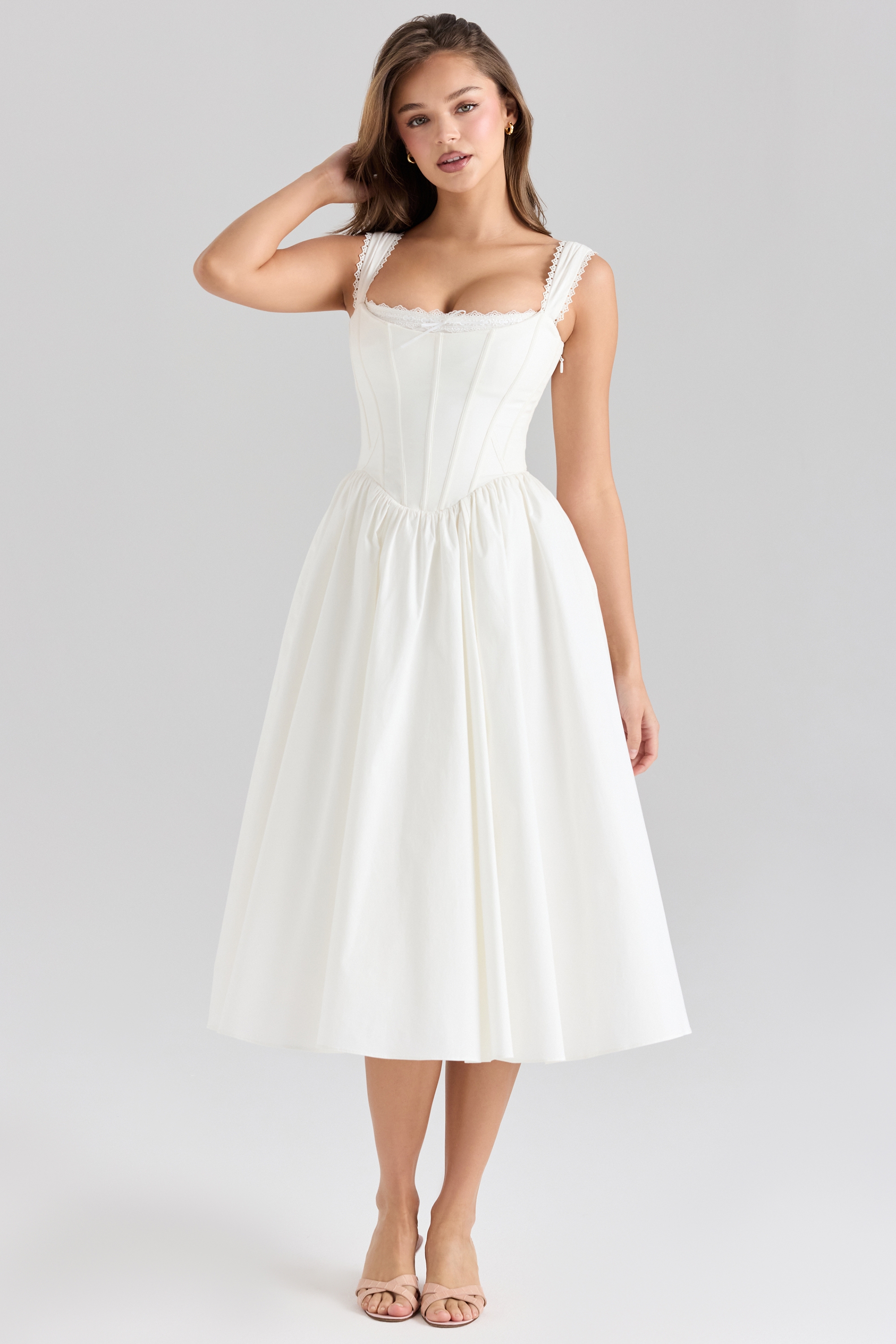 Amara-White Stretch Cotton Corset Midi Dress