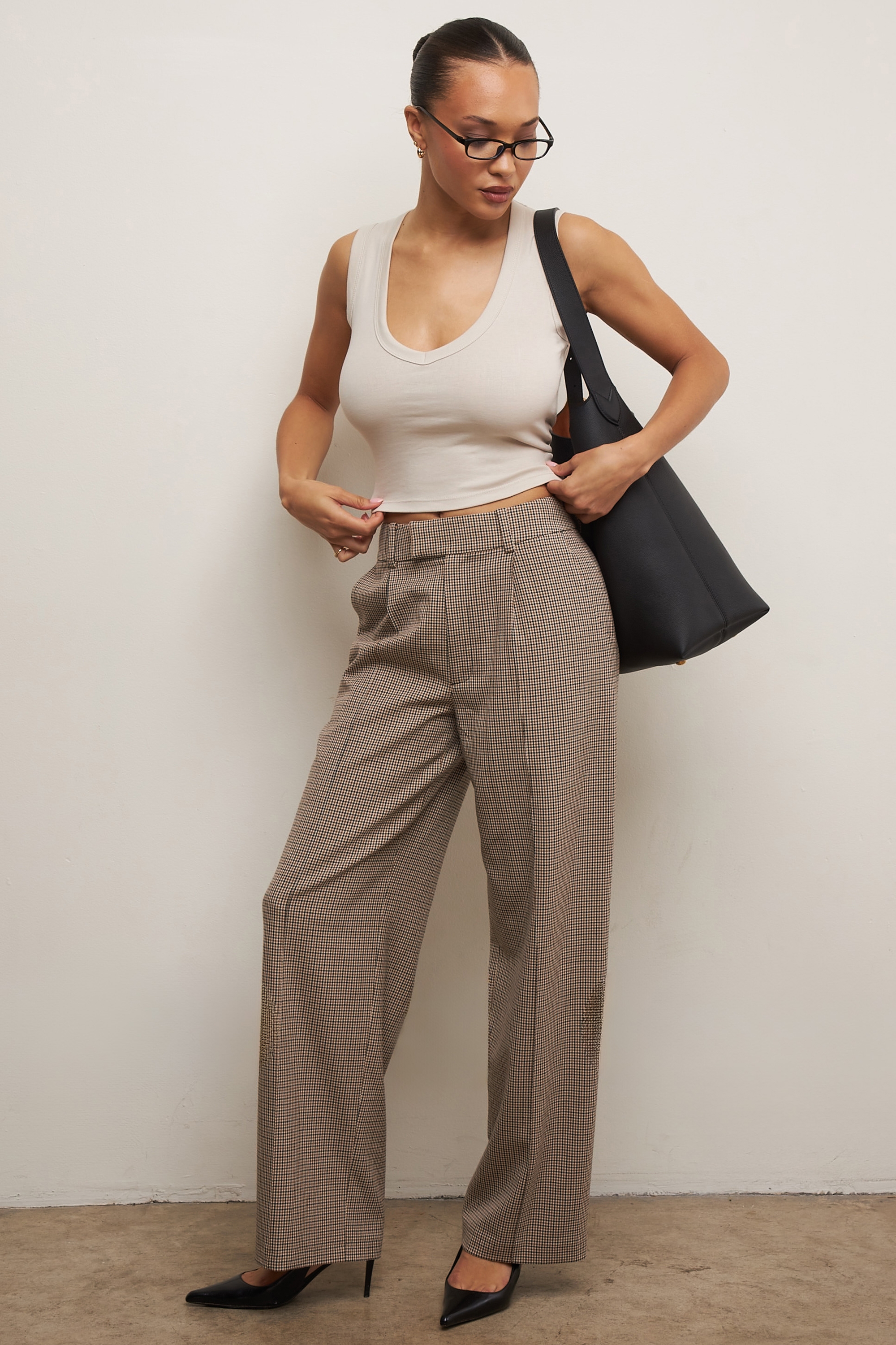 Hayden-Brown Puppytooth Wide Leg High Waist Tailored Trousers