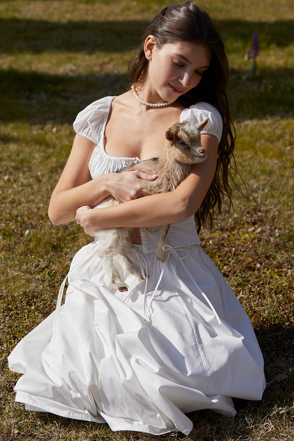 Cora-White Gathered Midi Skirt