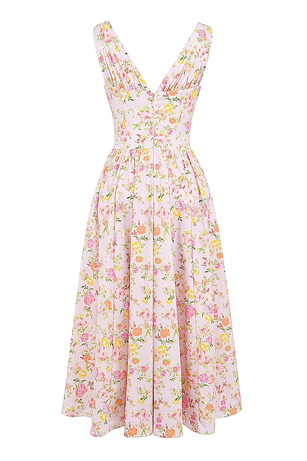 Emmelina-Pink Meadow Print Cotton Corset Sundress