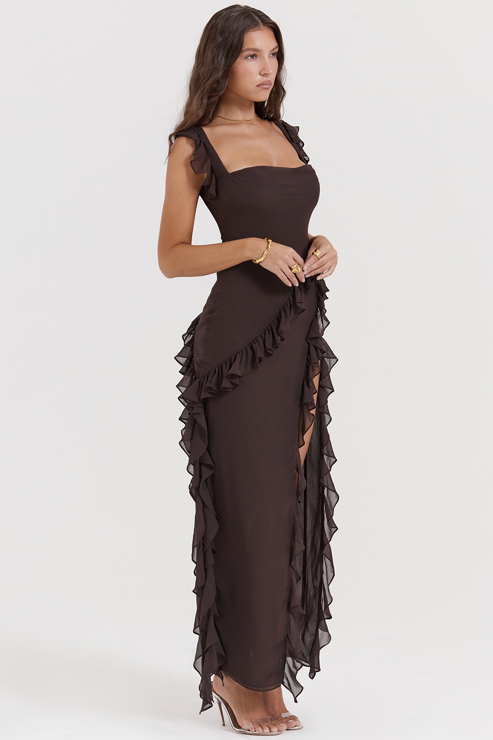 Ariela-Espresso Ruffle Maxi Dress