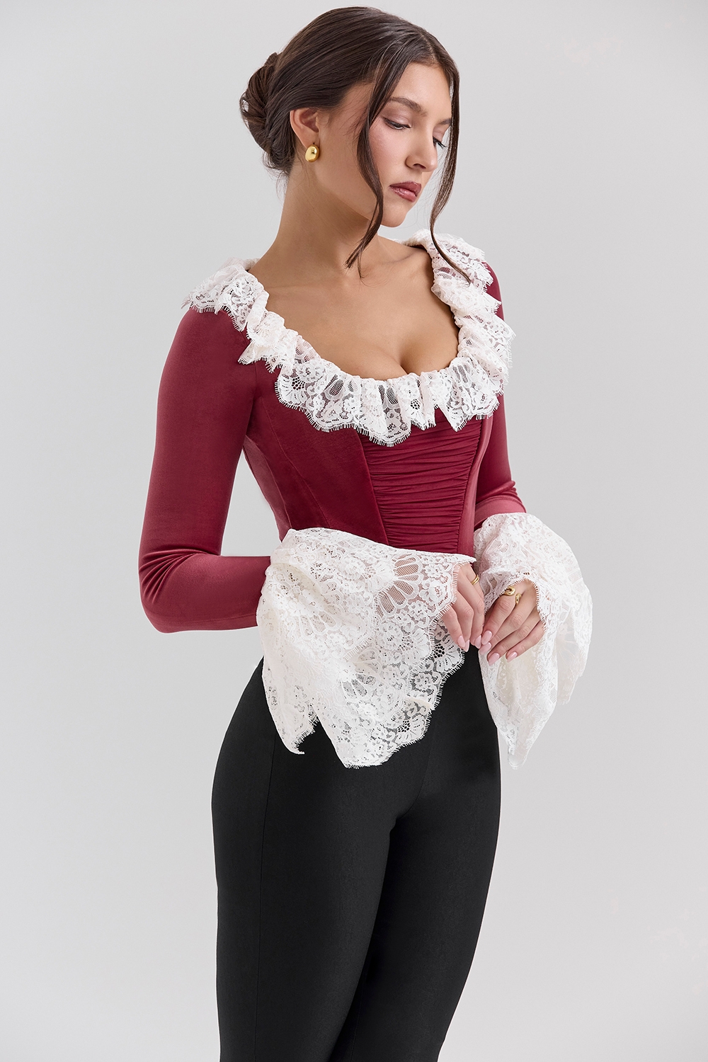 Jacinda-Cabernet Velvet Lace Trimmed Corset Top - SALE