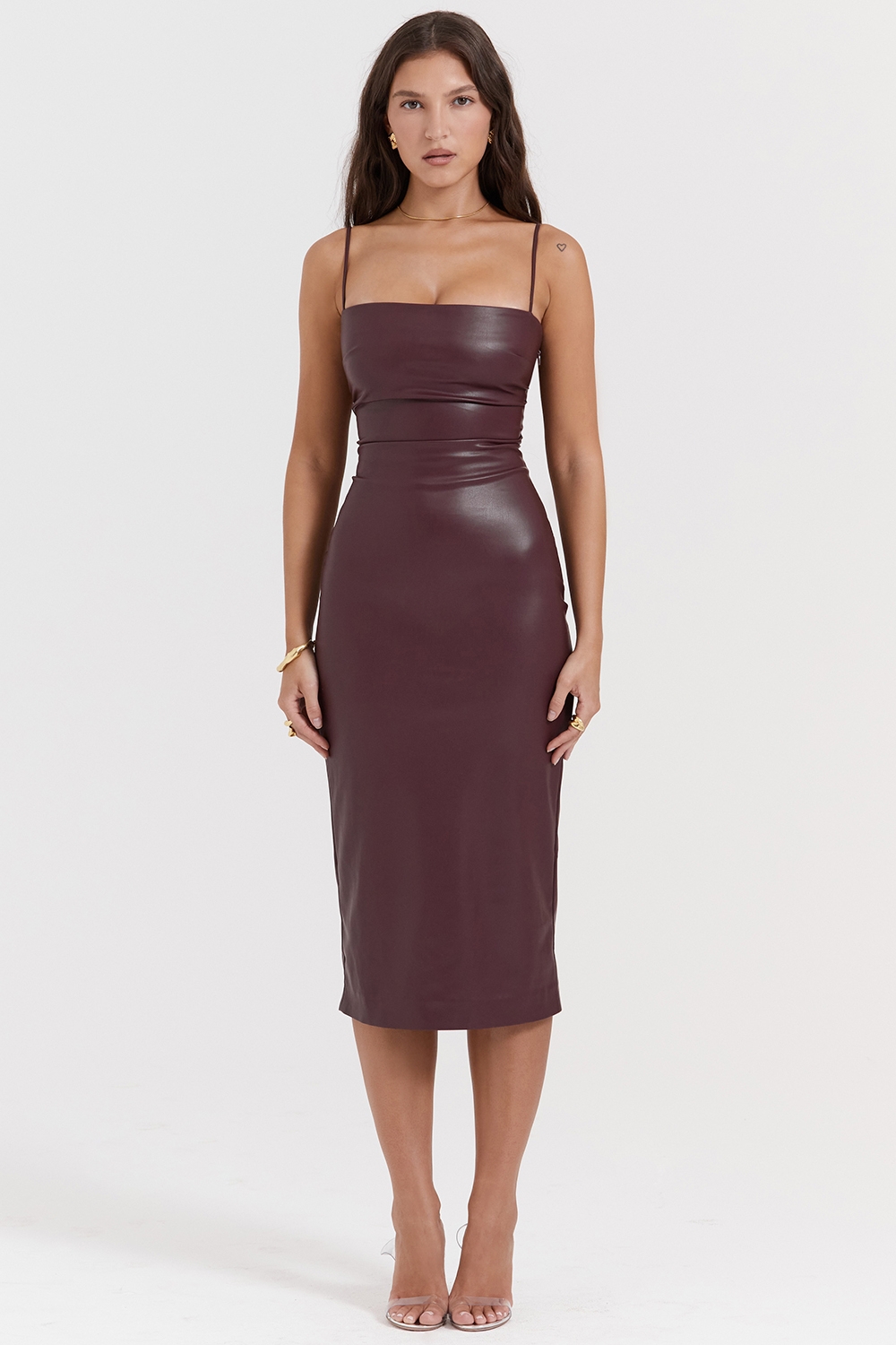 Jalena-Mulberry Vegan Leather Lace Back Dress