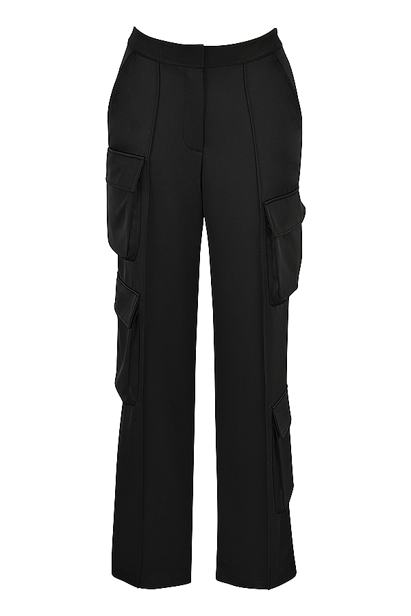 Daria-Black Satin Straight Leg Cargo Trousers