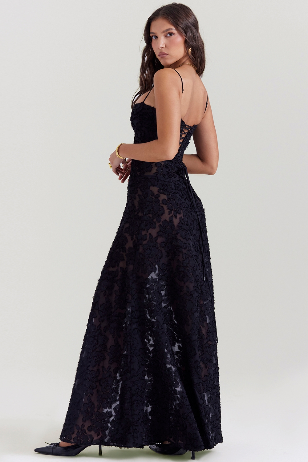 Seren-Black Floral Lace Back Maxi Dress