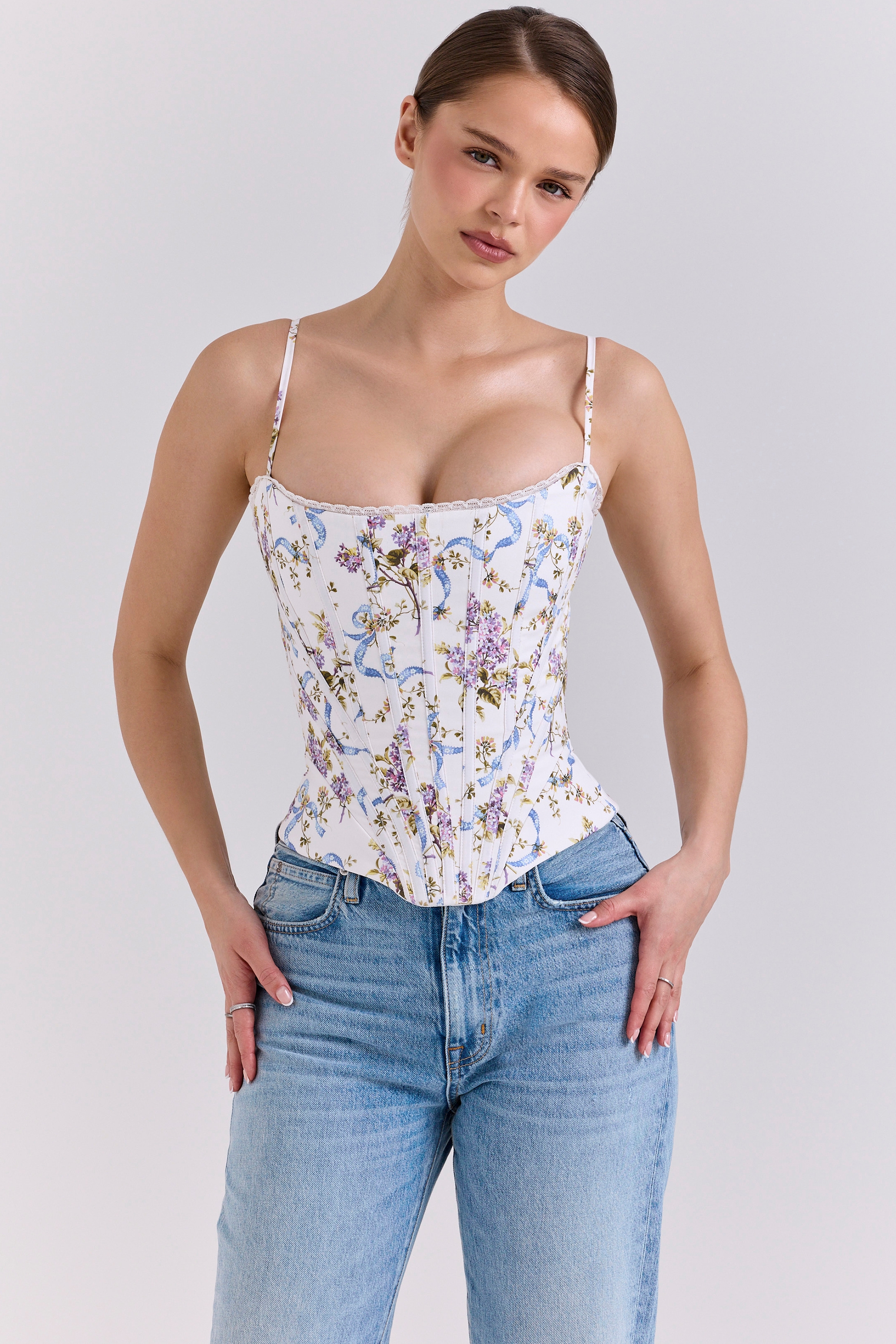 Cadie-White Floral Ribbon Print Cotton Corset Top