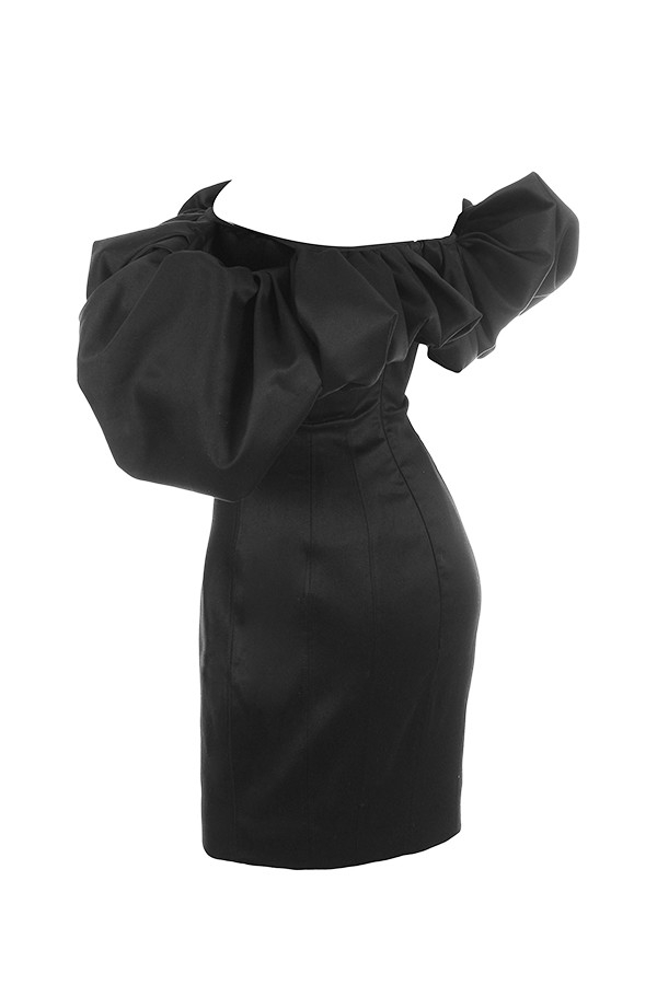 Selena-Black Satin Puff Shoulder Dress