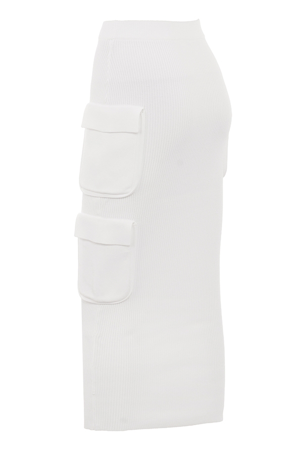 Maeve-White Ribbed Knit Cargo Skirt - SALE