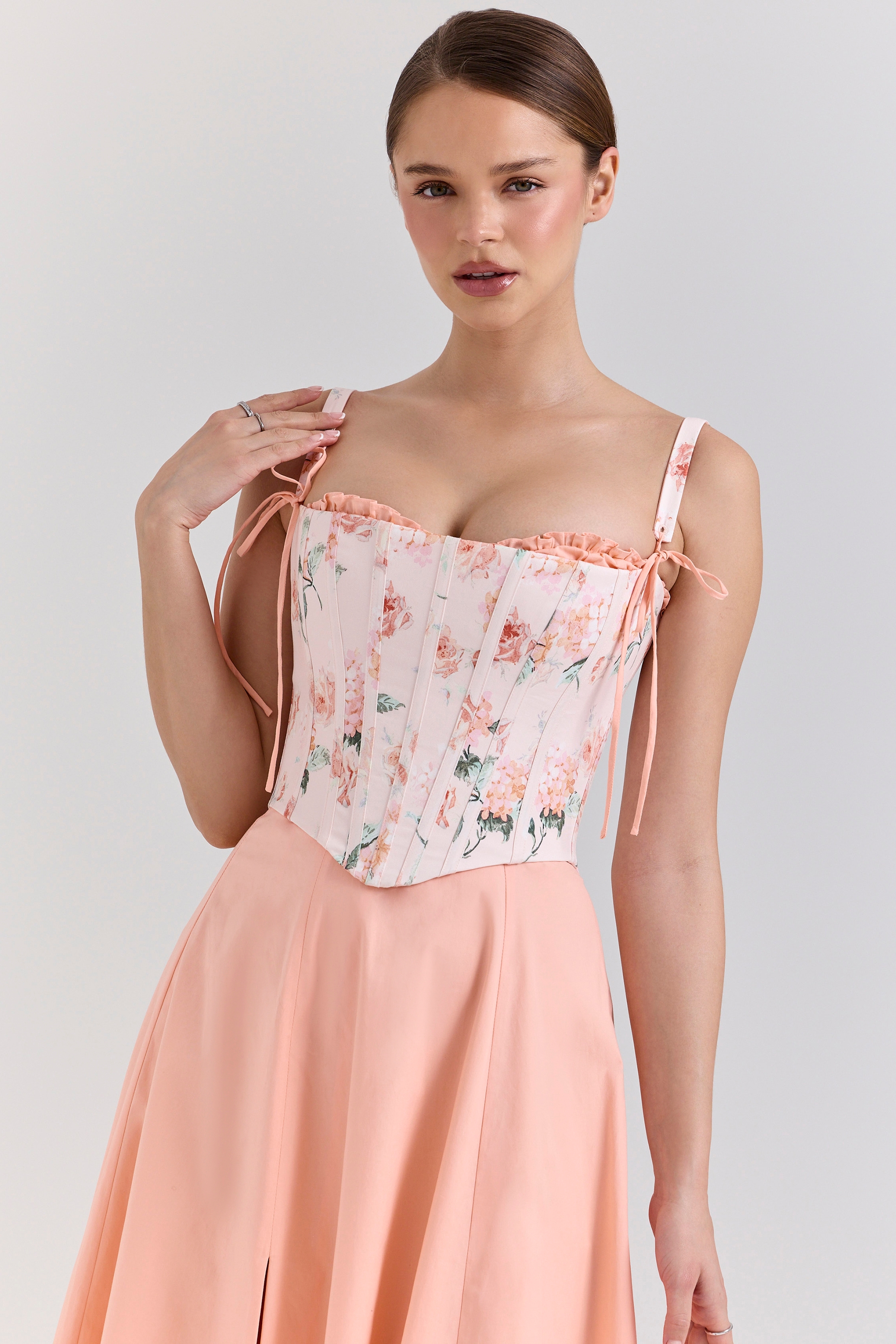 Clarabelle-Peach Cotton Detachable Corset Midi SunDress