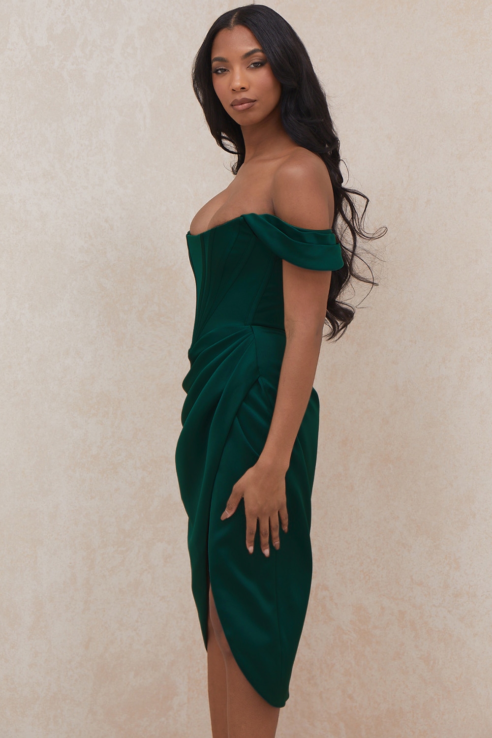 Loretta-Emerald Green Satin Off Shoulder Dress