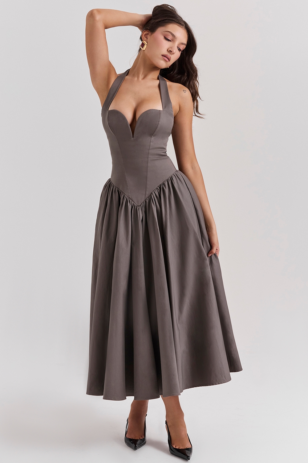 Coquette-Smoke Halter Midi Dress