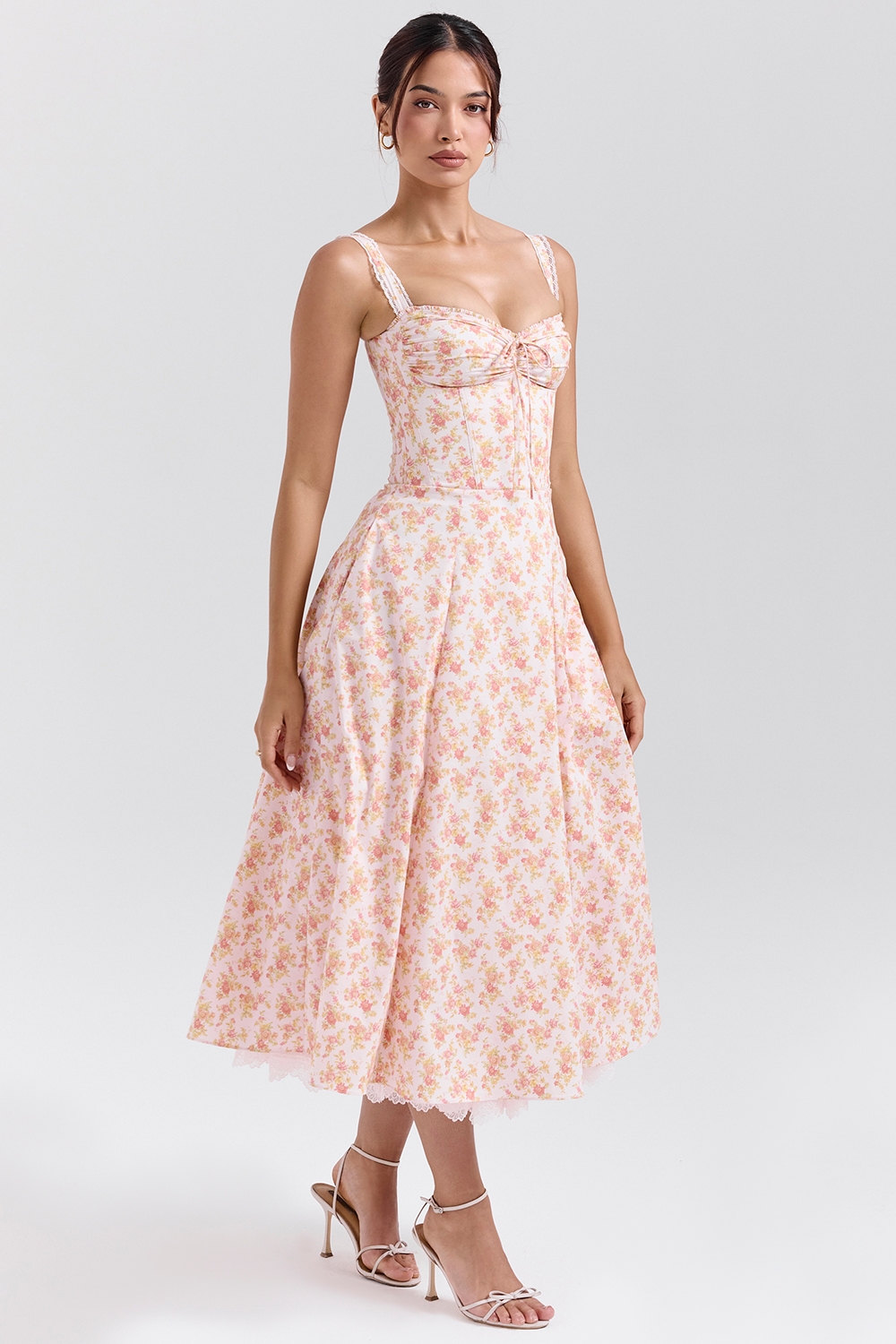 Rosalee-Peach Poppy Print Cotton Bustier Sundress