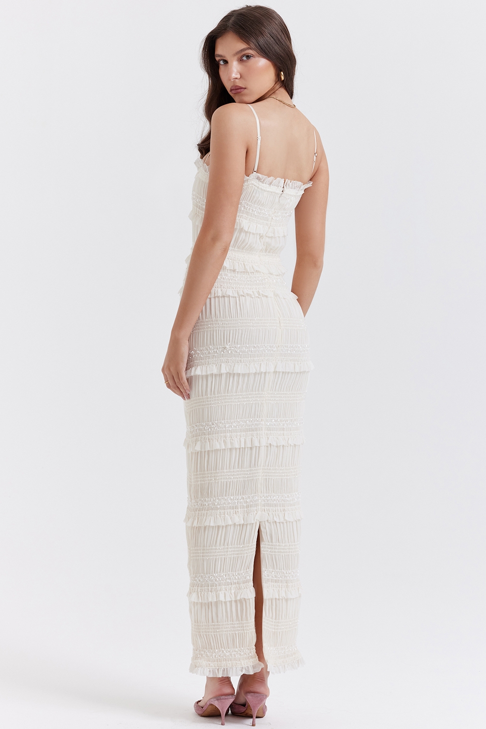 Solana-Ivory Sequin Pleat Maxi Dress