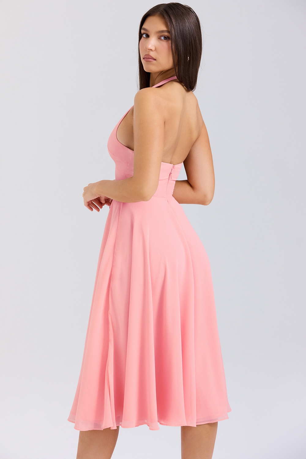 Solada-Peach Georgette Halter Sundress