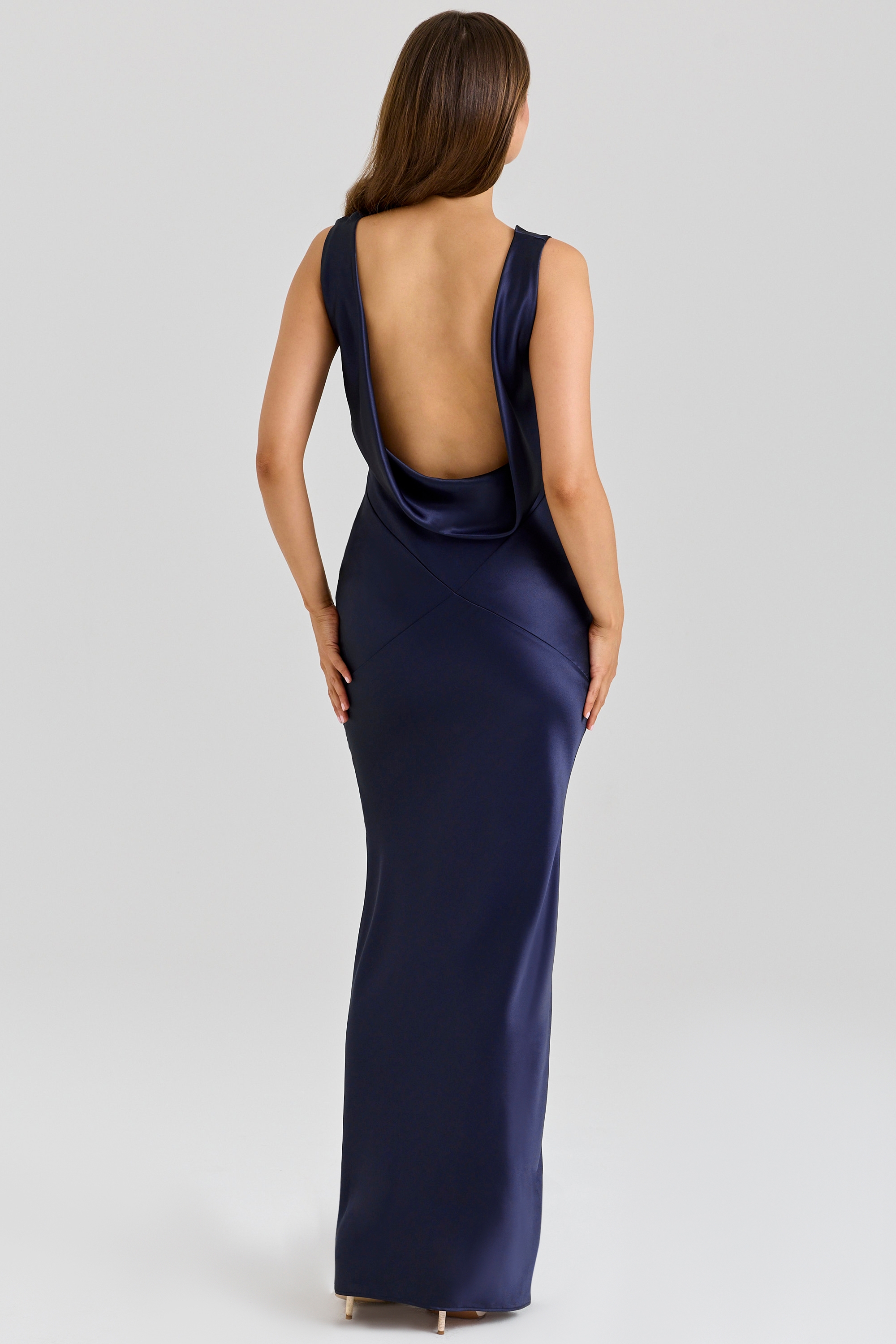 Safaira-Navy Satin Draped Cowl Neck Maxi Dress