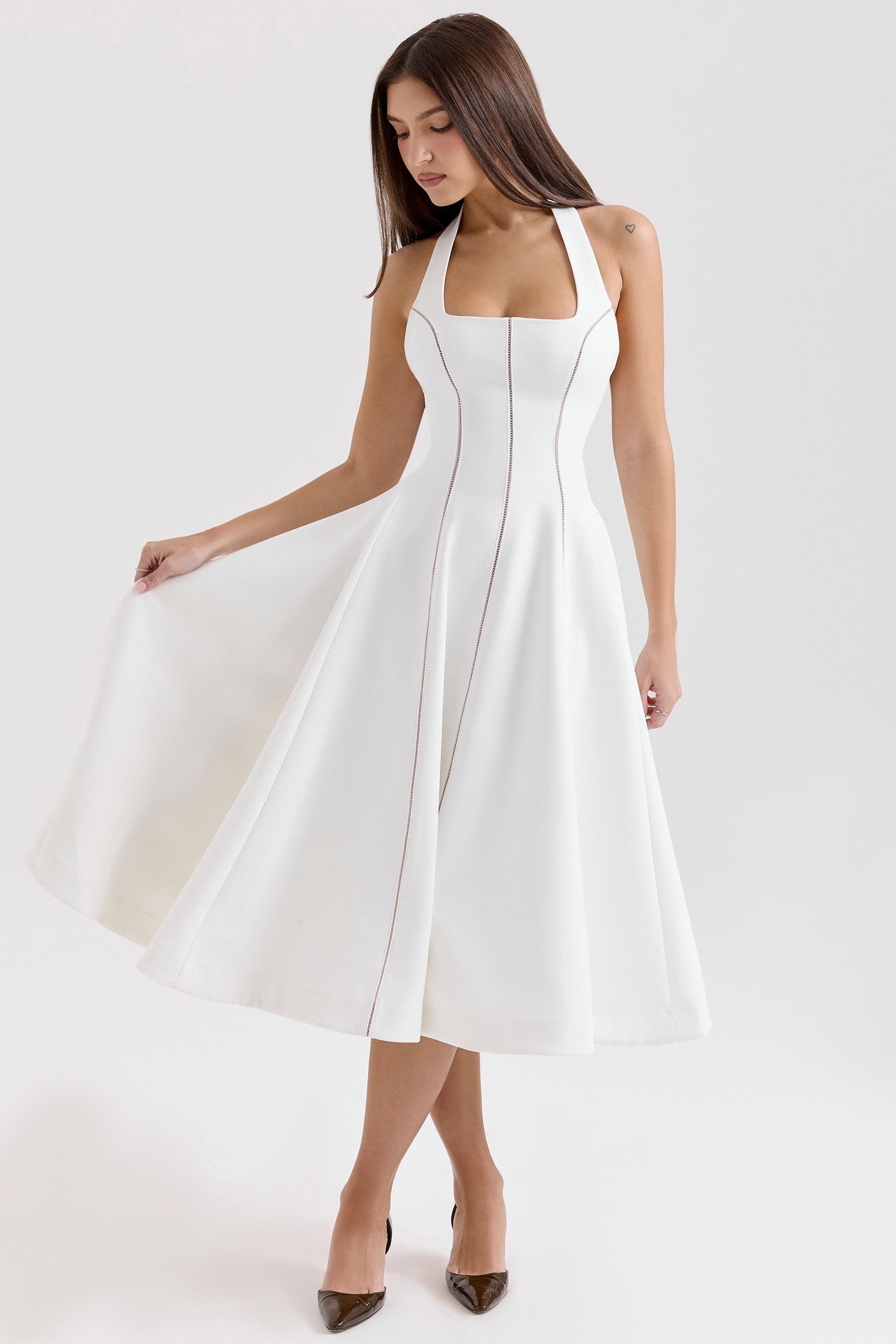 Loulou-Ivory Halter Neck Midi Dress