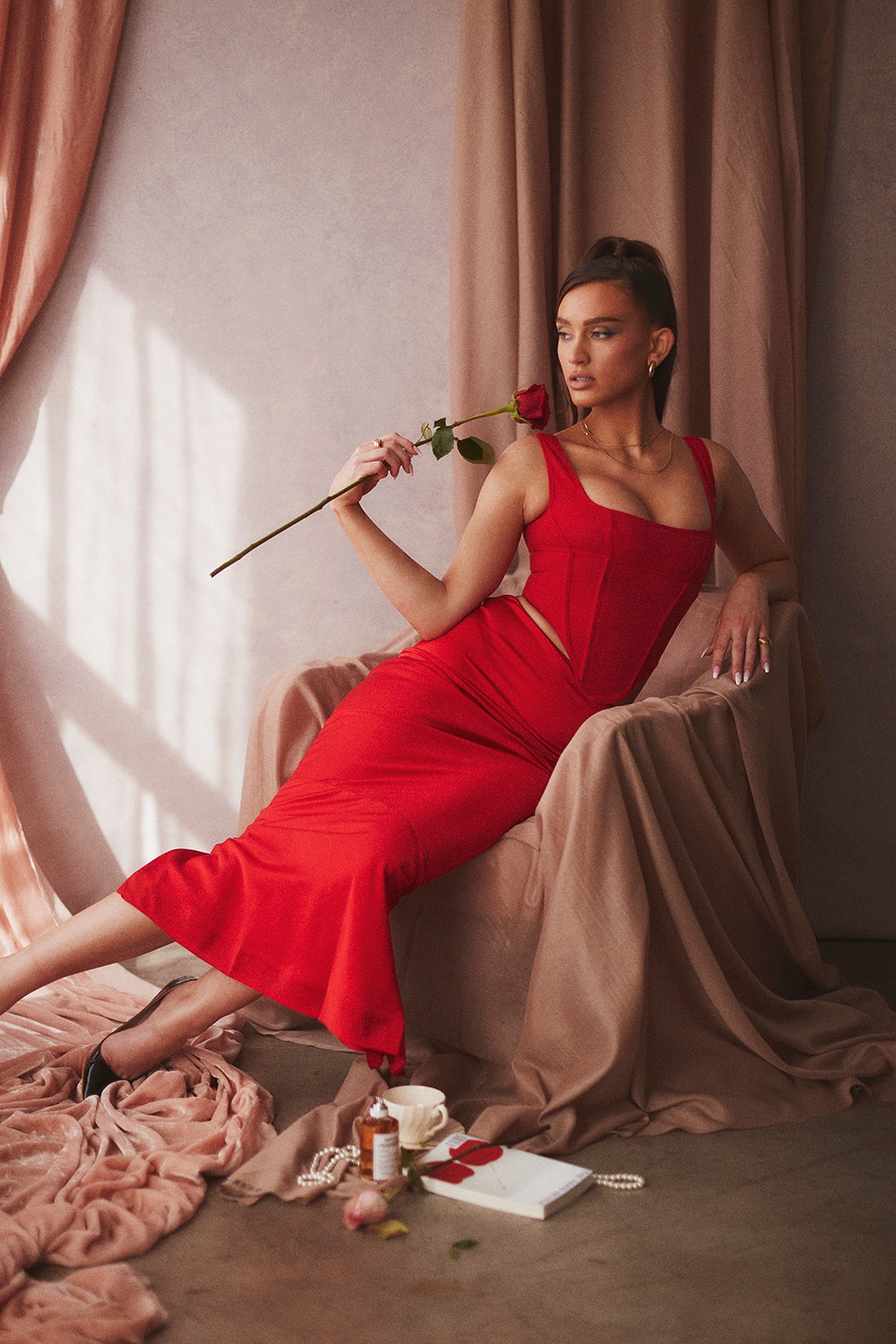 Colette-Scarlet Satin Low Waist Midi Skirt