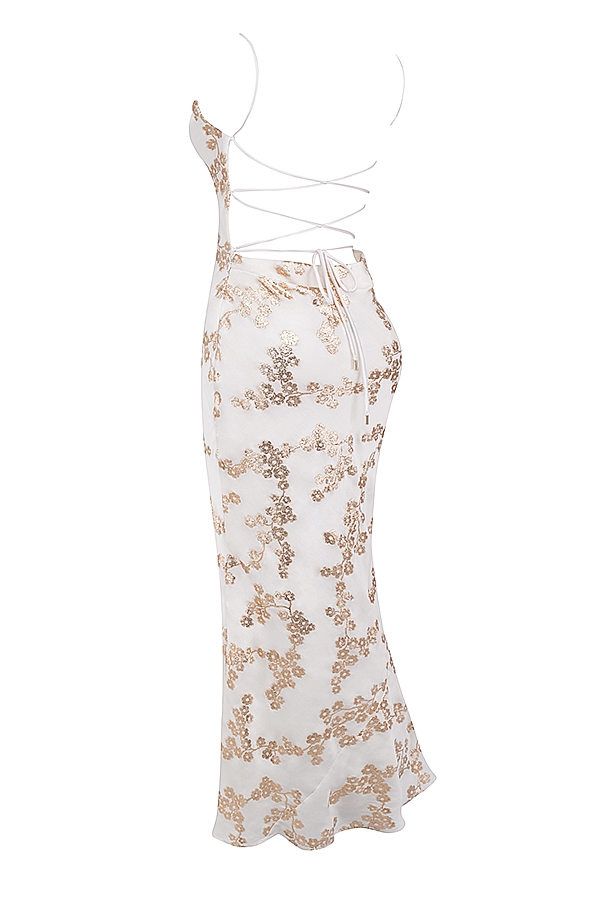 Capriana-White & Gold Jacquard Satin Gown