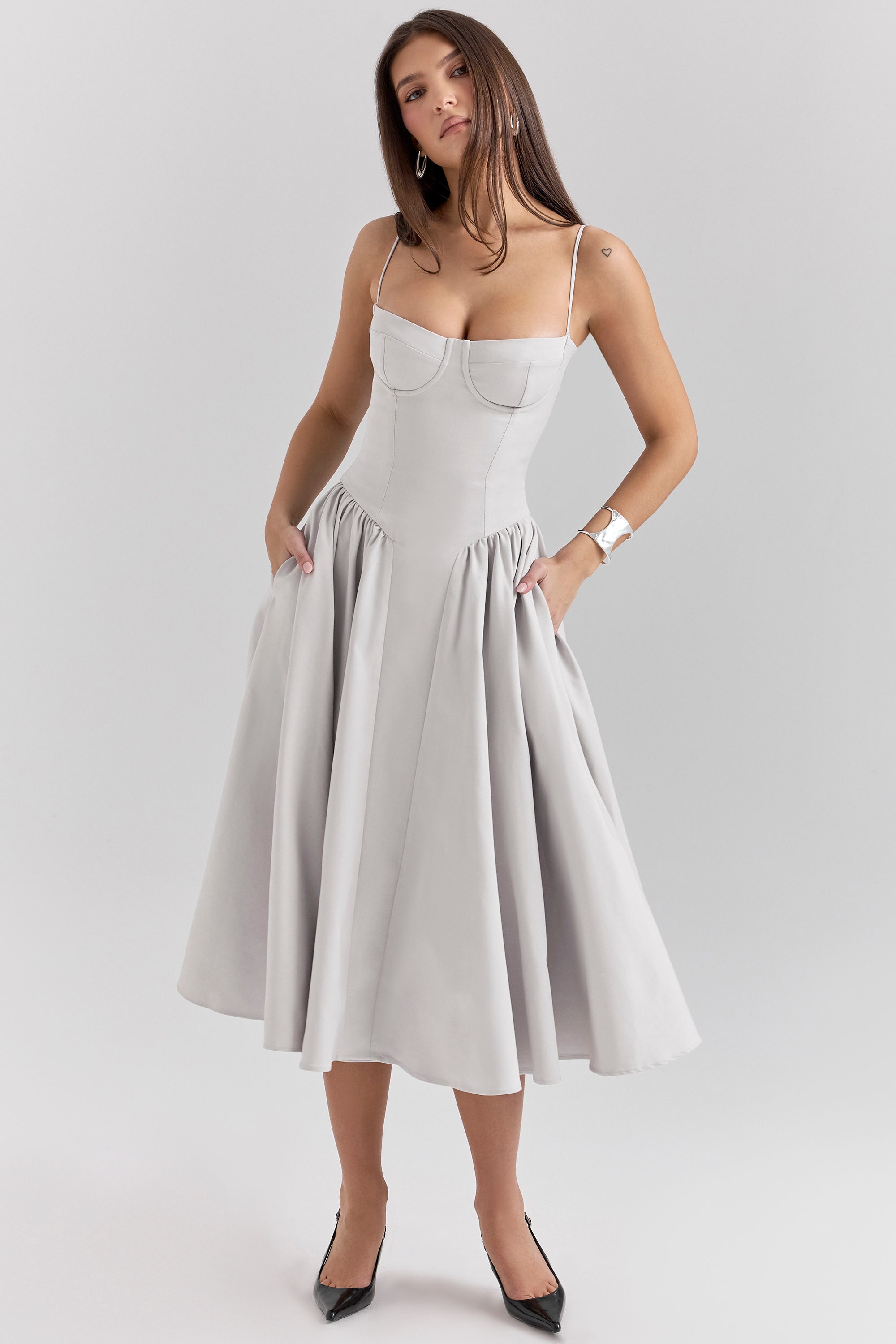 Samaria-Dove Grey Corset Midi Dress
