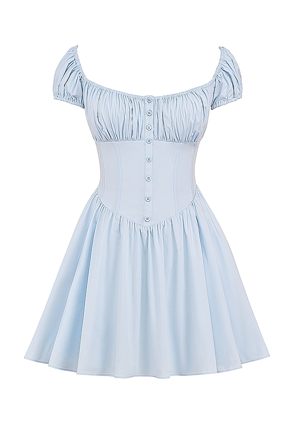 Nala-Soft Blue Cotton Gathered Mini Dress