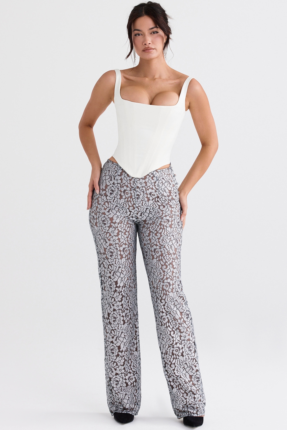 Mara-Silver Metallic Lace Trousers