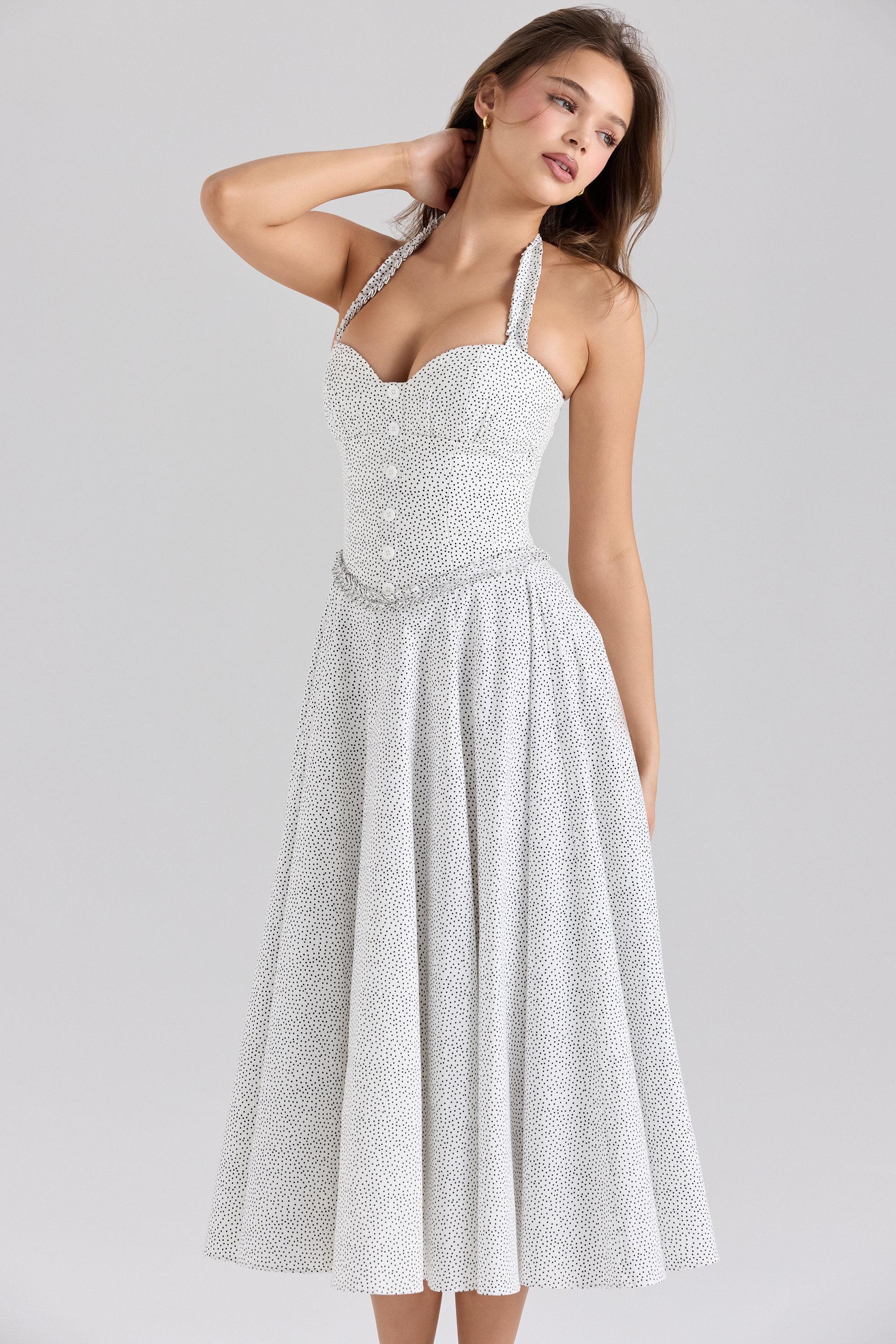 Georgie-Cotton Halter Neck Polka Dot Print Midi Dress