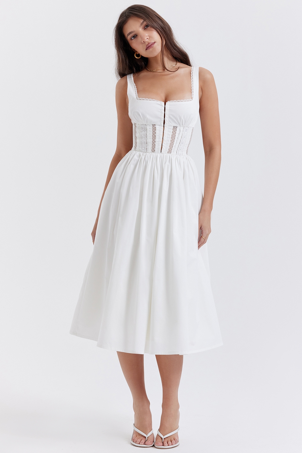Perle-White Lace Trim Midi Dress
