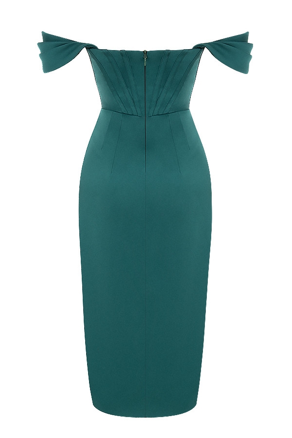 Loretta-Emerald Green Satin Off Shoulder Dress