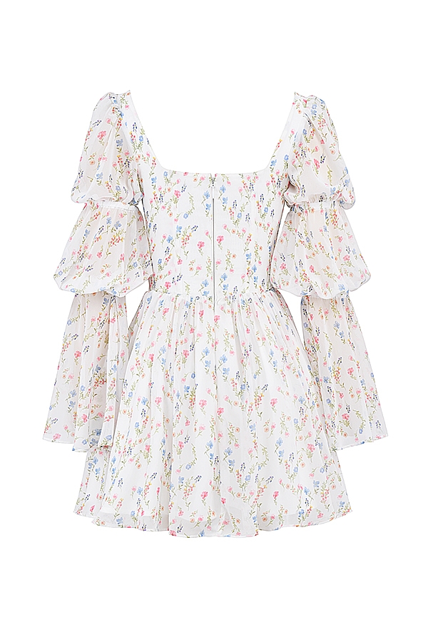 Sancia-White Posy Print Puff Sleeve Mini Dress