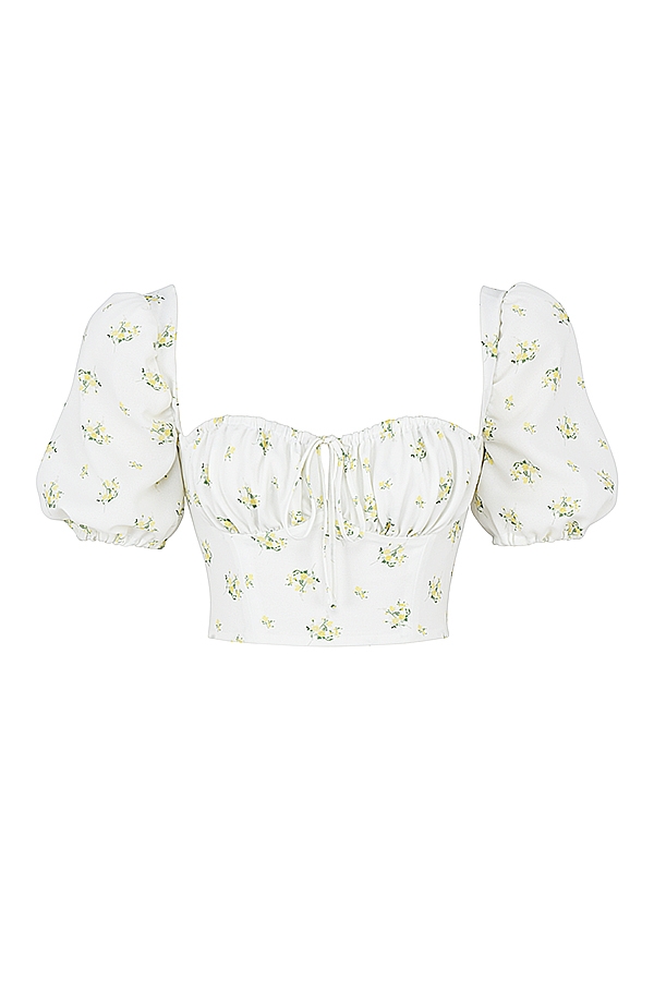 Arianna-Ivory Floral Puff Sleeve Cropped Top
