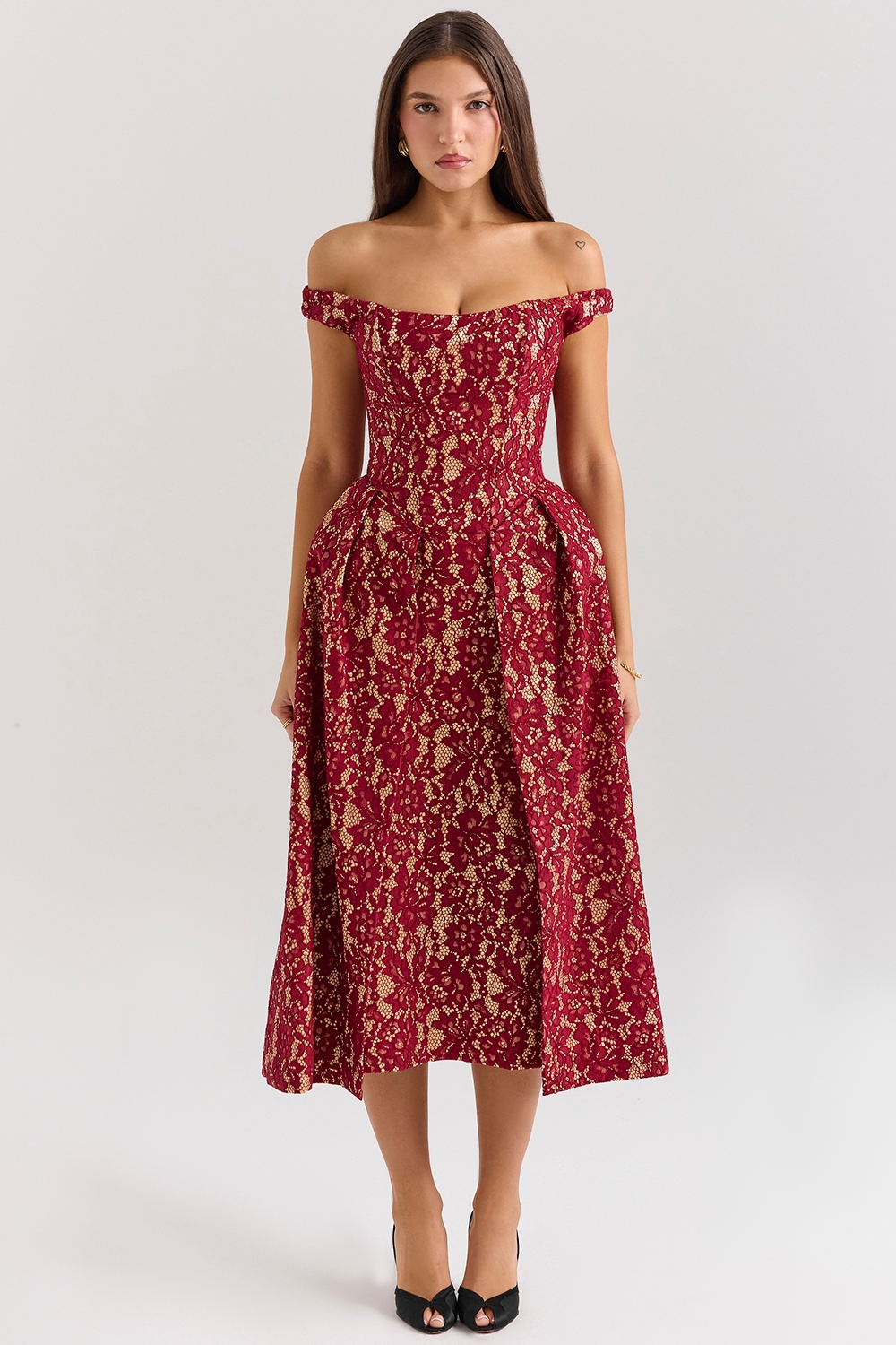 Charming-Gold and Berry Lace Midi Off Shoulder Dress