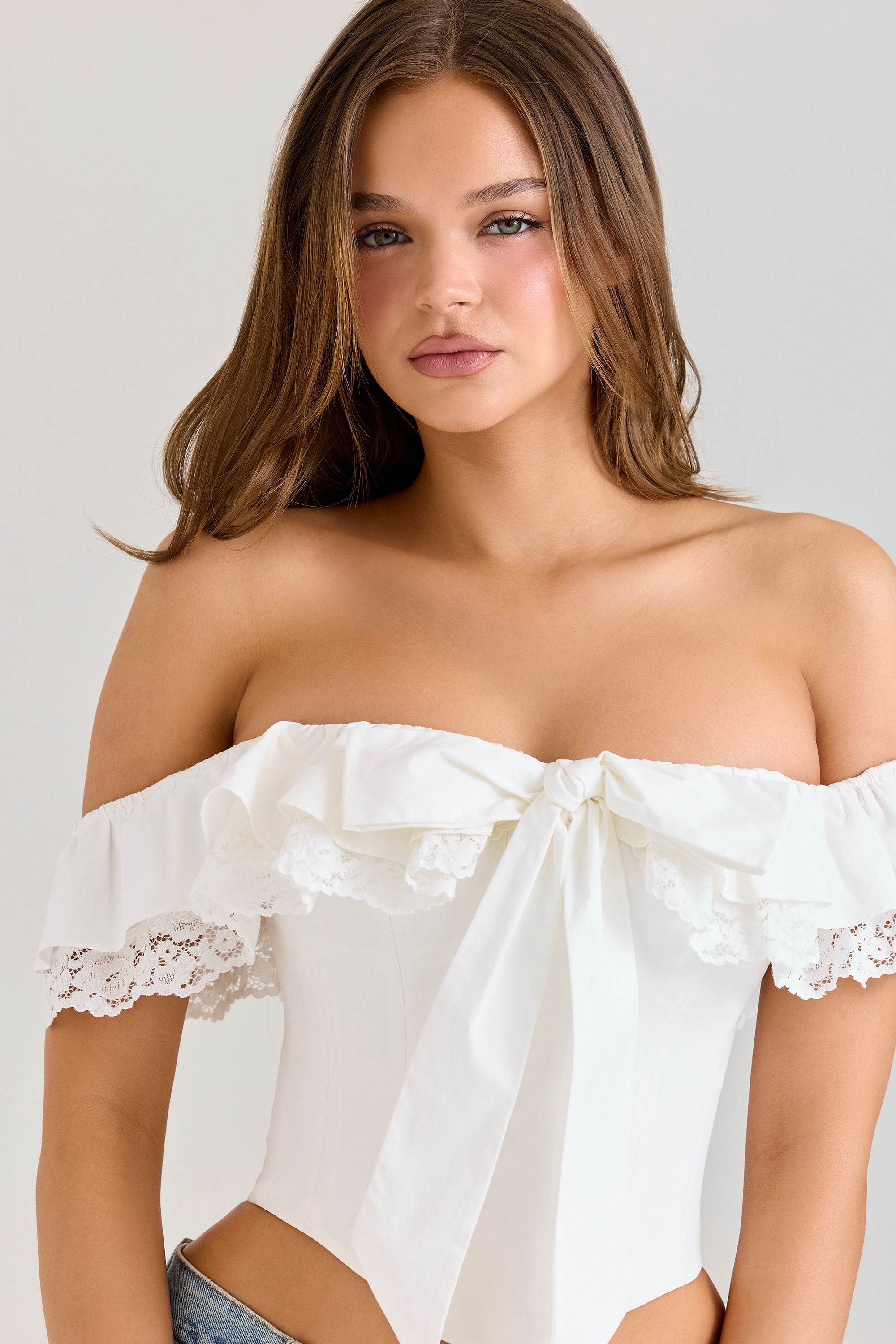 Aria-White Stretch Cotton Off-The-Shoulder Frill Corset