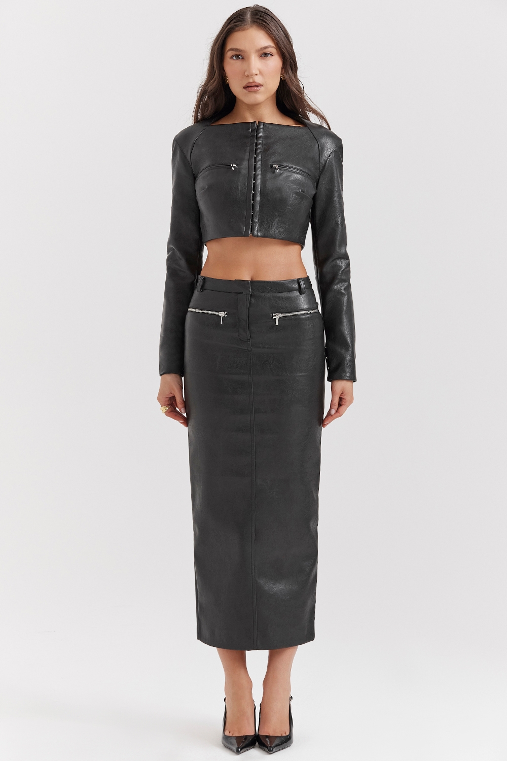 Ione-Black Vegan Leather Cropped Top