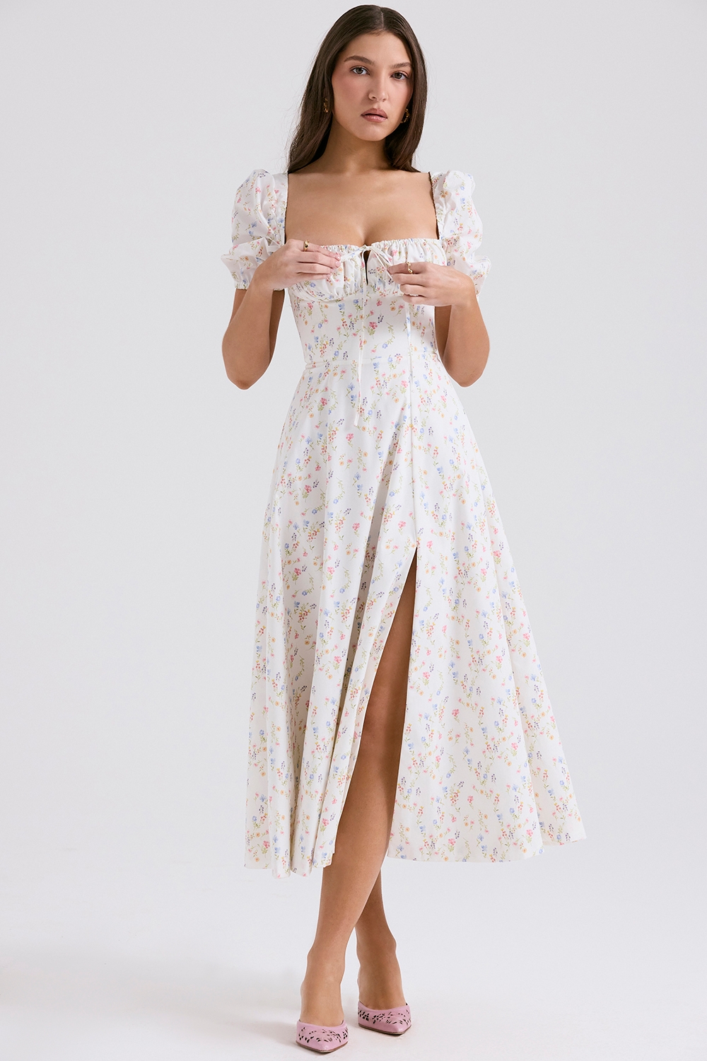 Tallulah-White Posy Print Cotton Puff Sleeve Midi Sundress