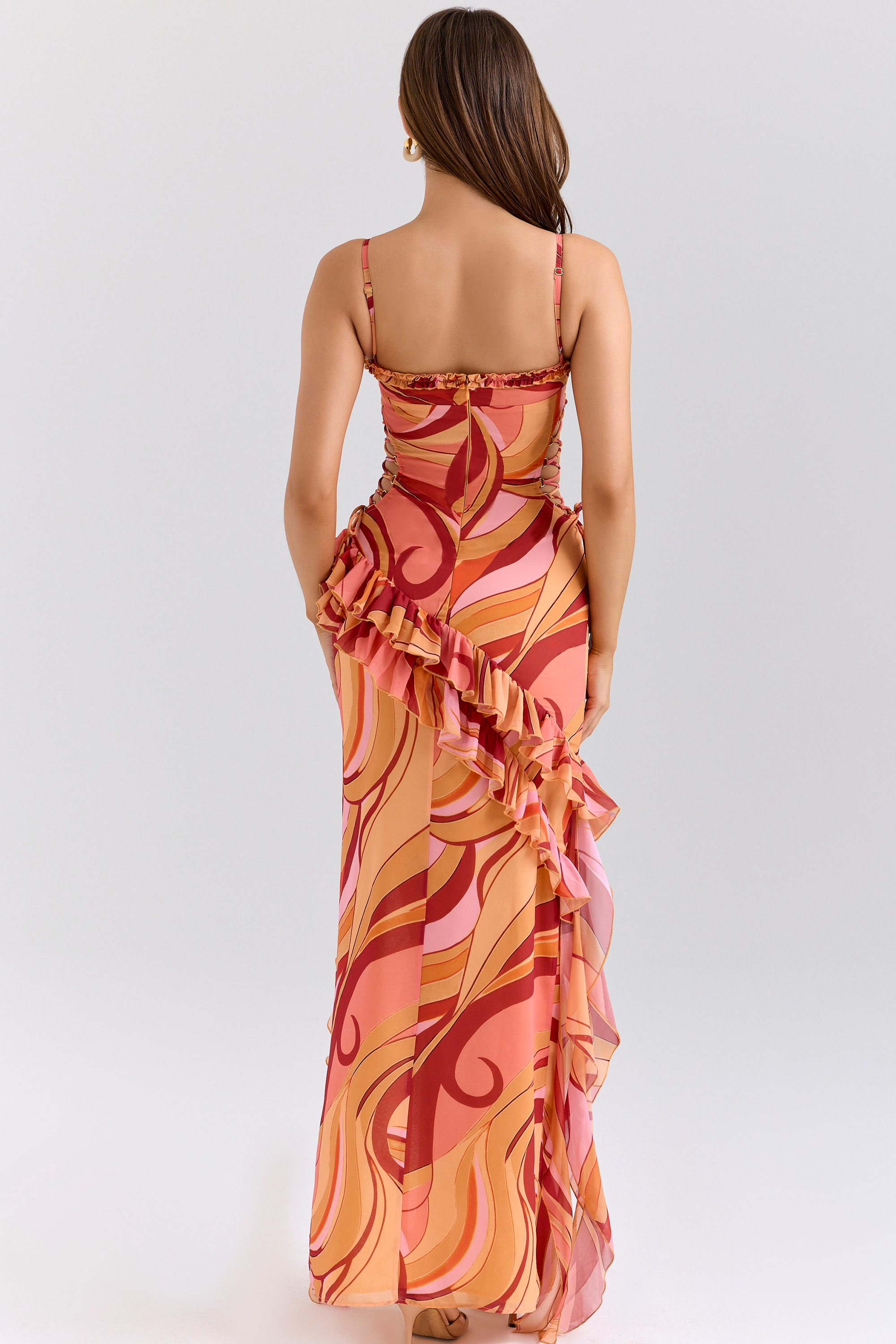 Lumira-Sunset Swirl Print Ruffle Cut Out Maxi Dress