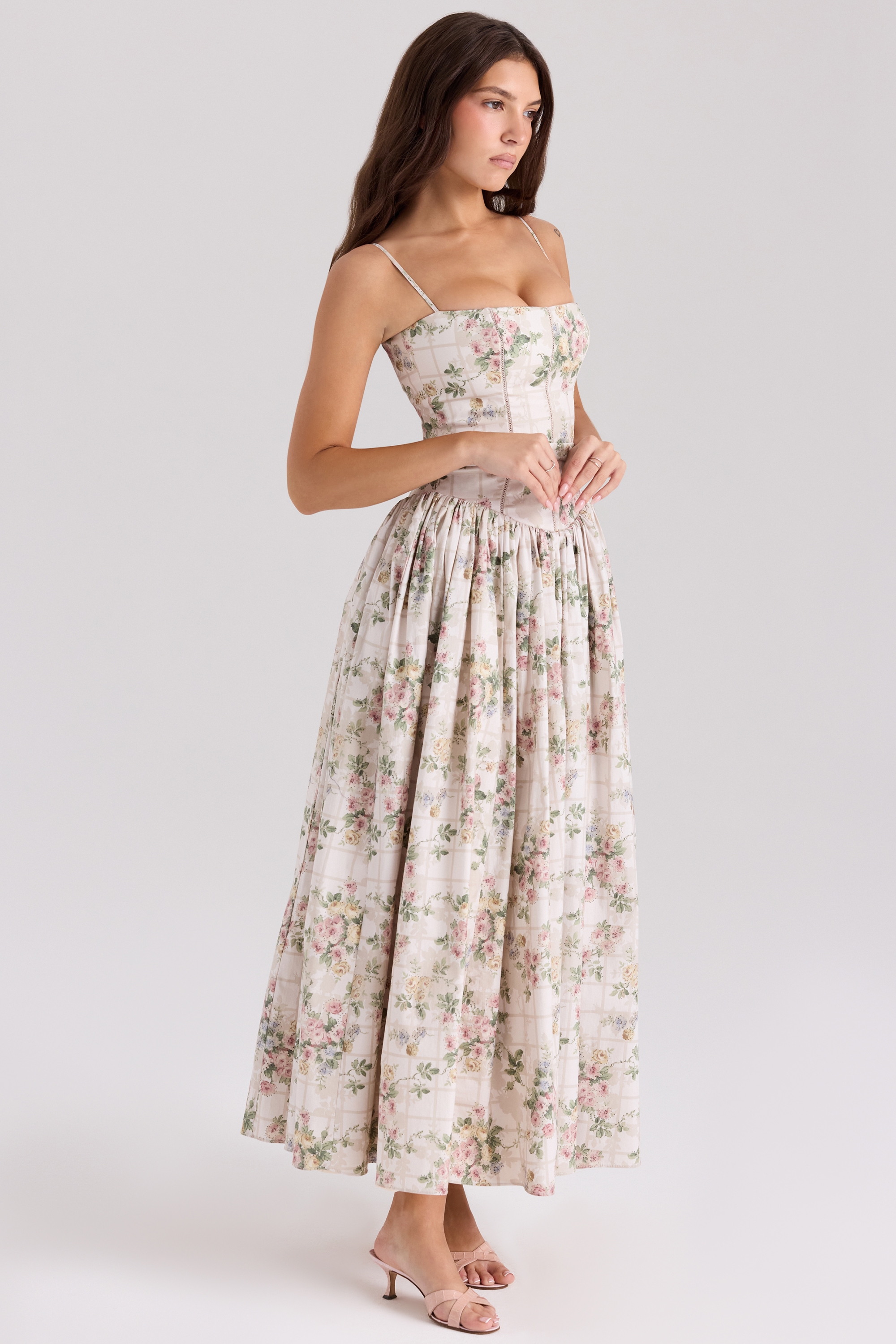 Ysabella-Cream Floral Print Cotton Midi Sundress