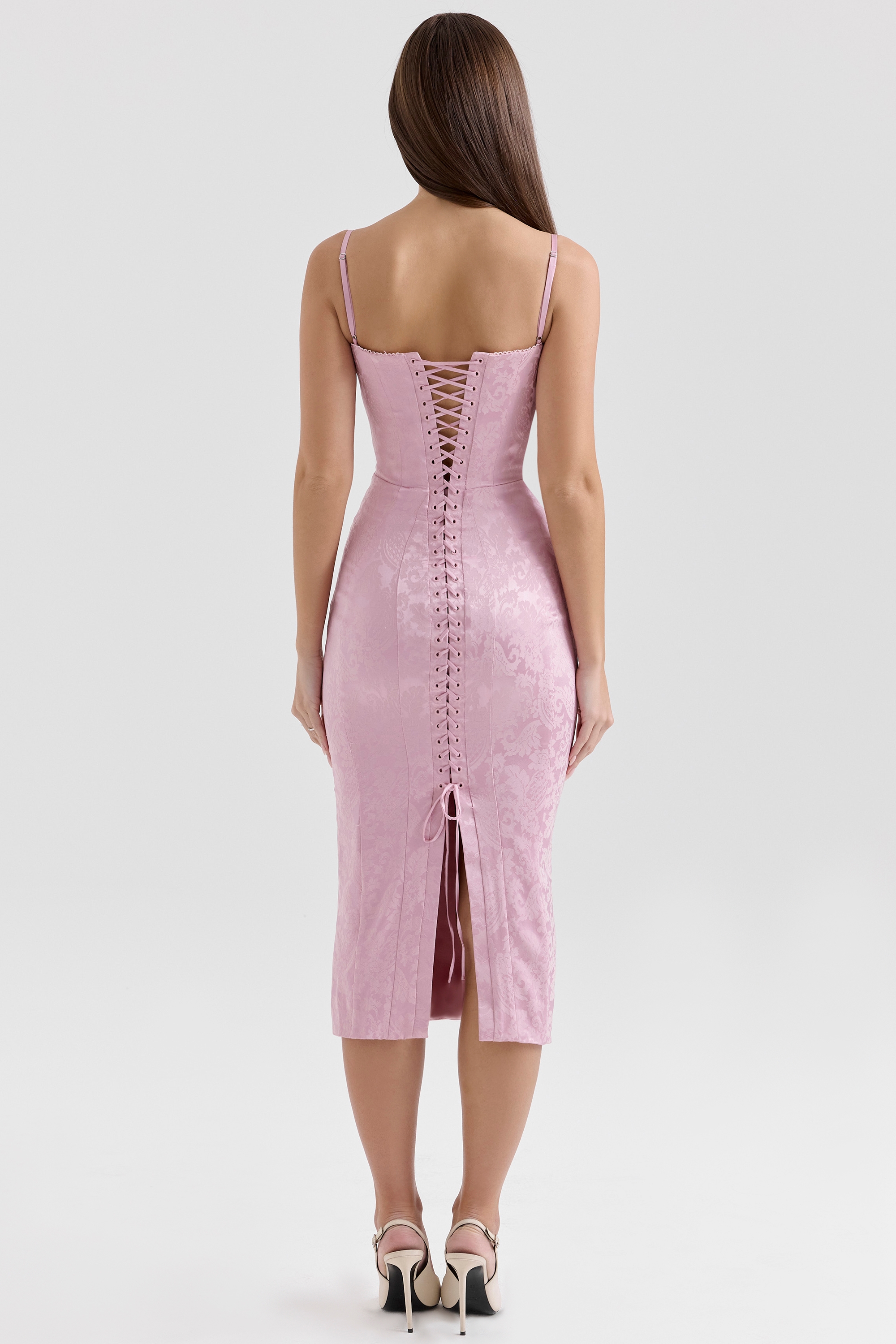 Ophelle-Pink Jacquard Lace Up Bodycon Midi Dress