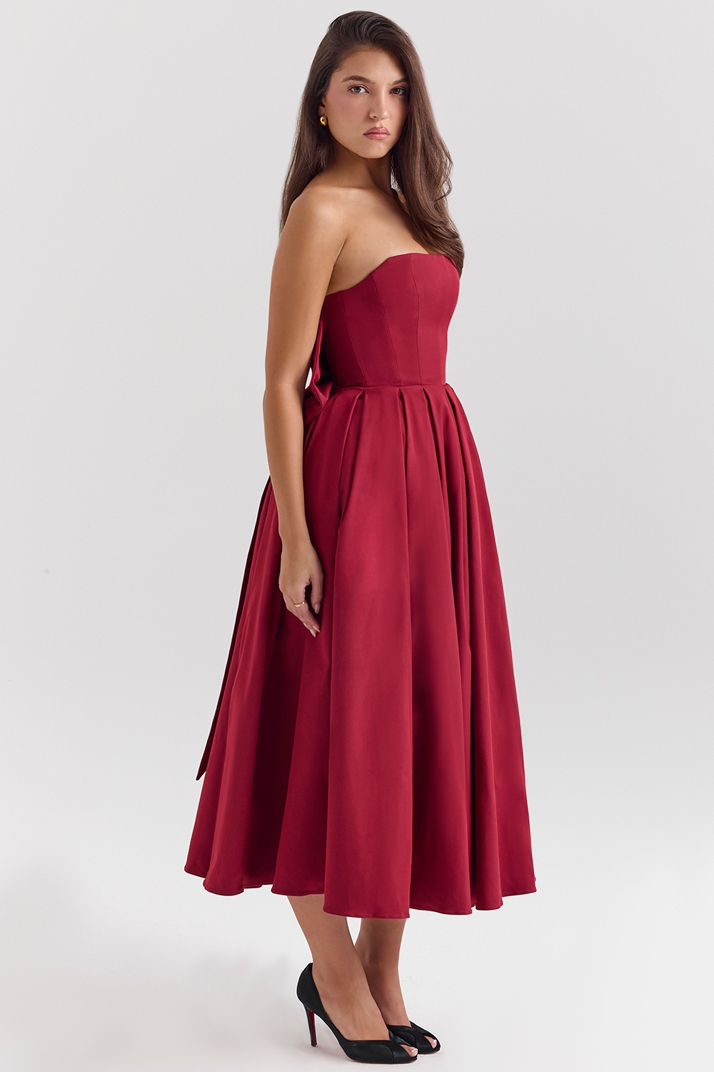 Pandora-Berry Strapless Detachable Bow Midi Dress